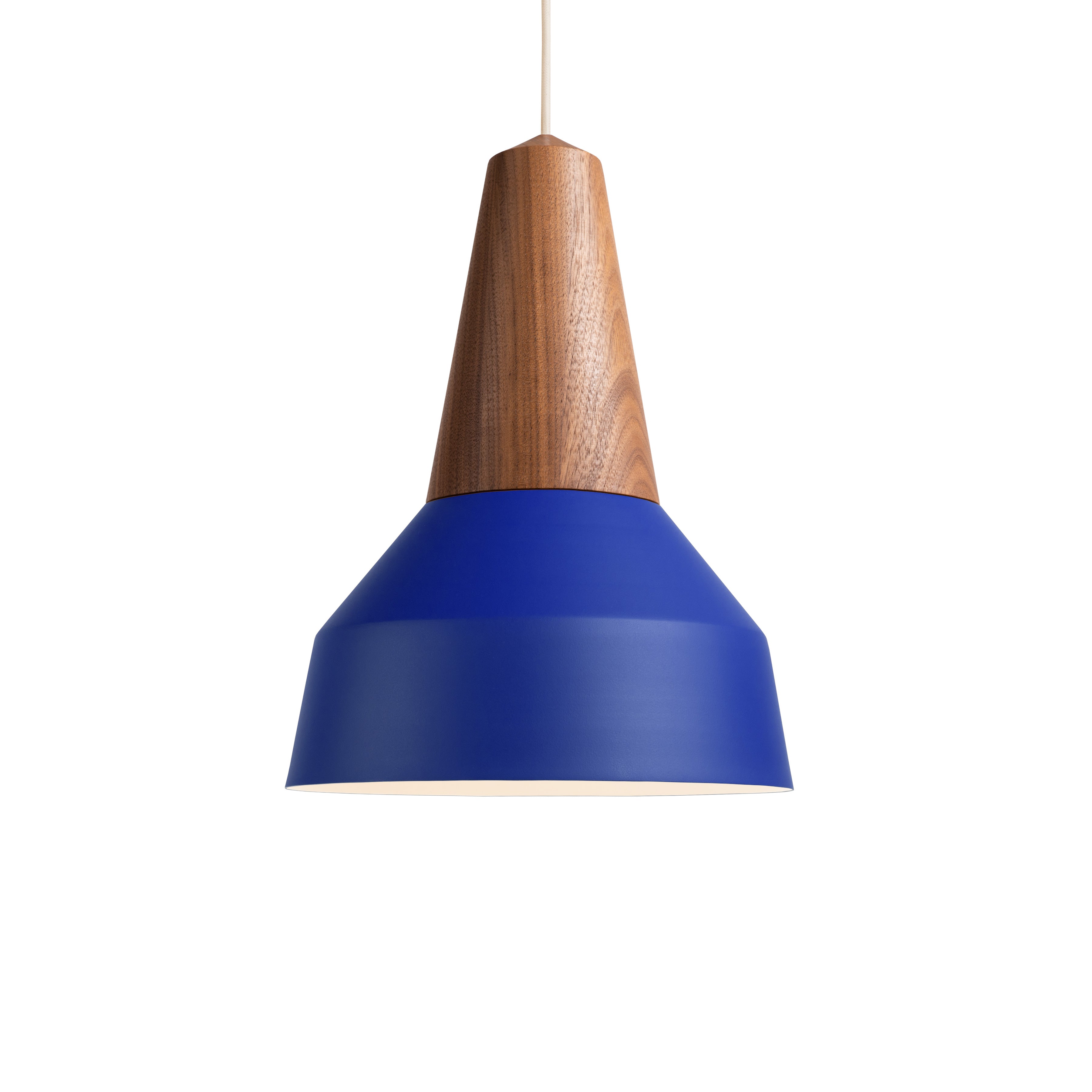 The Eikon Basic True Blue by Schneid is a modern pendant light with a conical certified wooden top and blue metal lampshade, suspended by a white cord, elegantly presented against a plain white background.