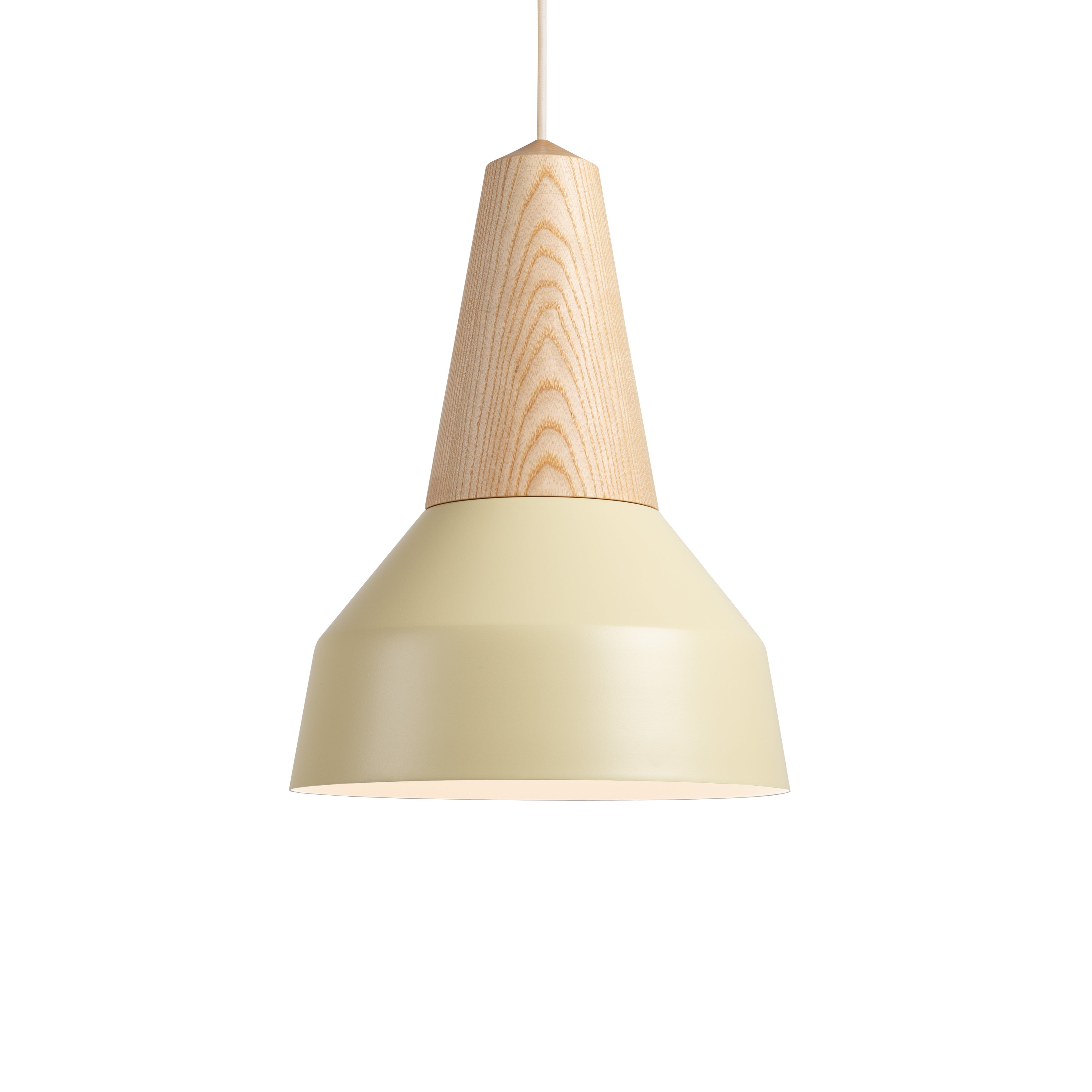The Schneid Eikon Basic Wax pendant light showcases a modern beige conical lampshade with a wooden top crafted from certified wood. It hangs by a thin cord against a white backdrop, blending simplicity with natural wood texture.