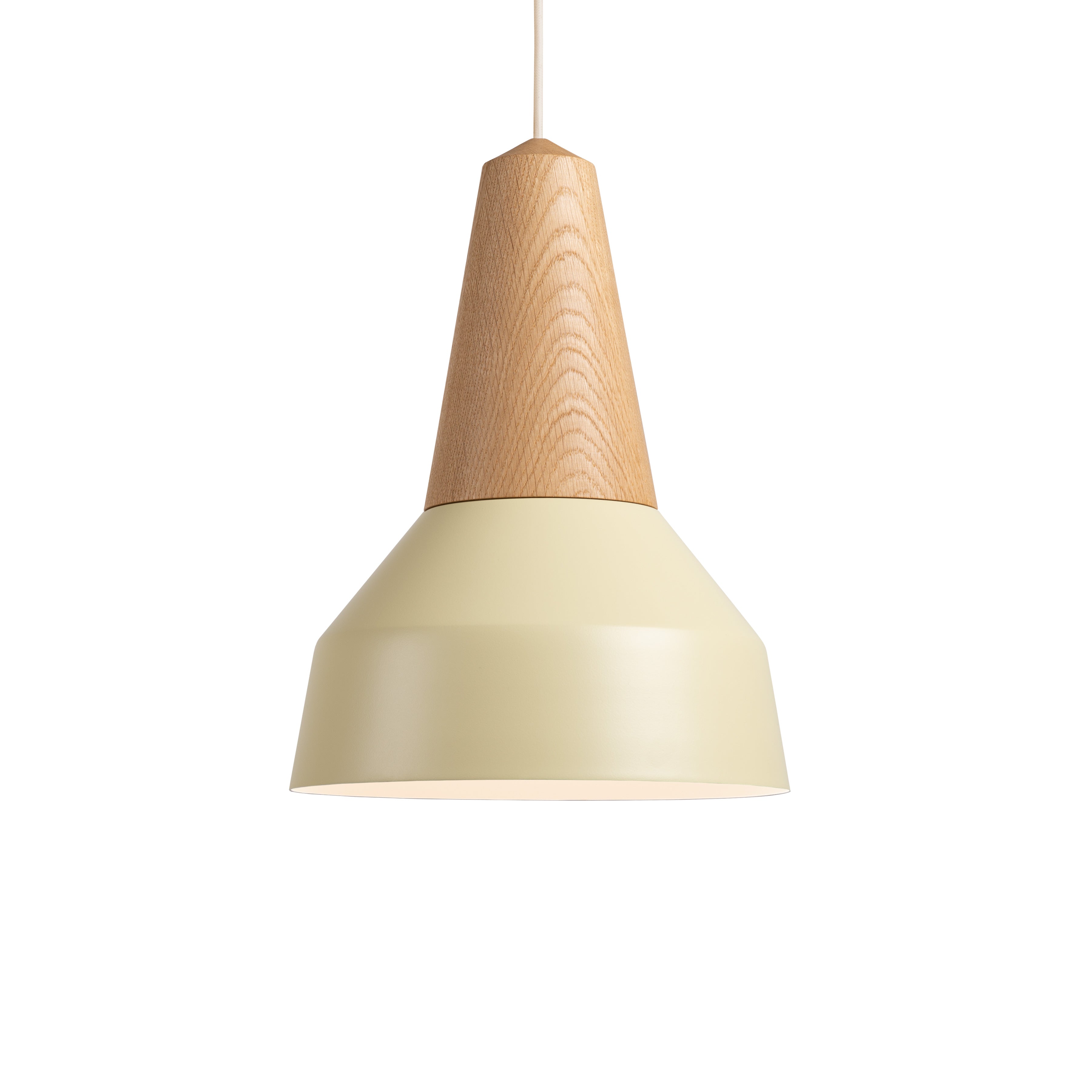 The Eikon Basic Wax by Schneid is a modern pendant light with a certified wood top and cream-colored conical lampshade, elegantly hanging from a white cord.