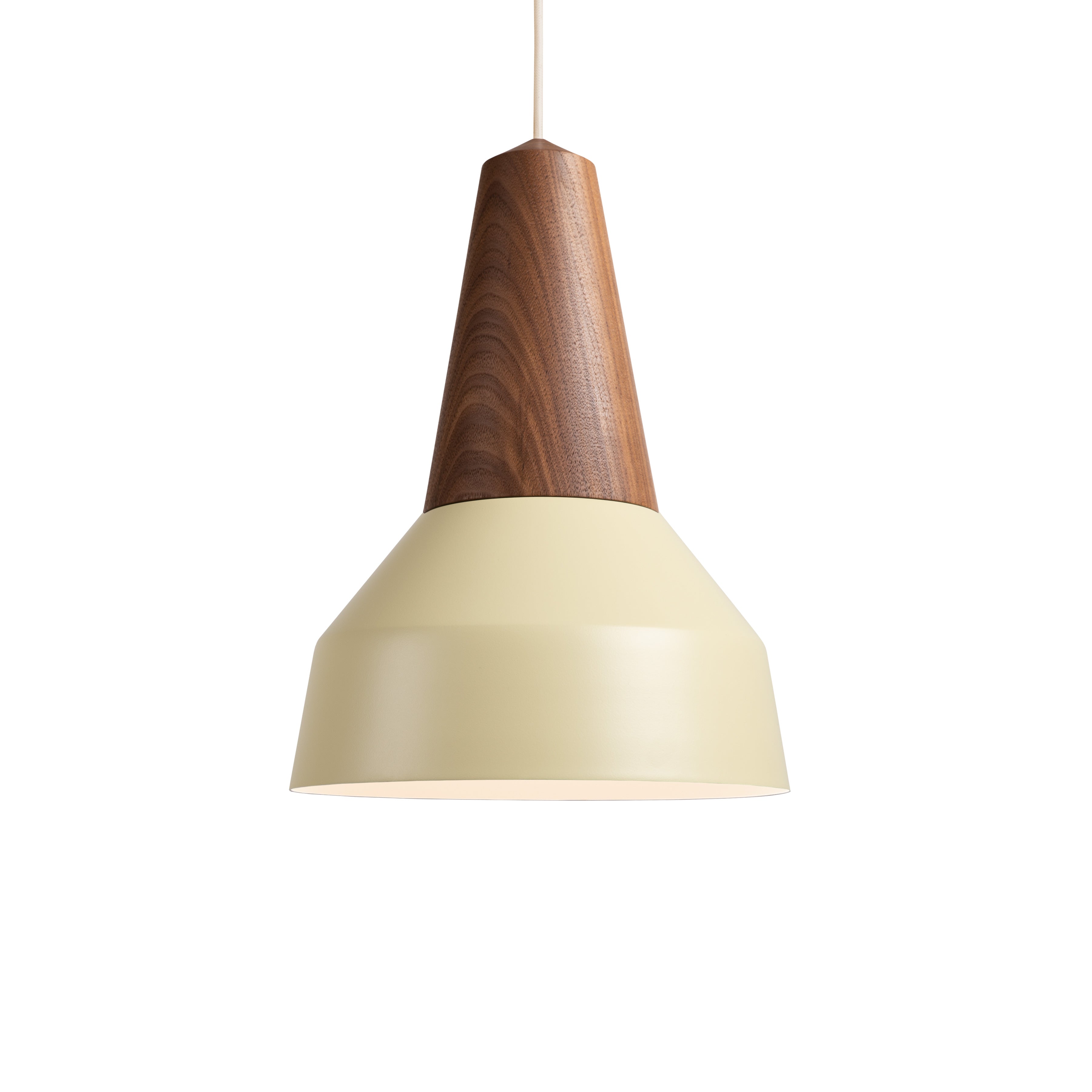 The Schneid Eikon Basic Wax pendant light features a light beige lampshade with a wooden cone-shaped top, hanging from the ceiling on a cord. Its modern and minimalist design incorporates certified wood, blending earthy tones with clean lines.