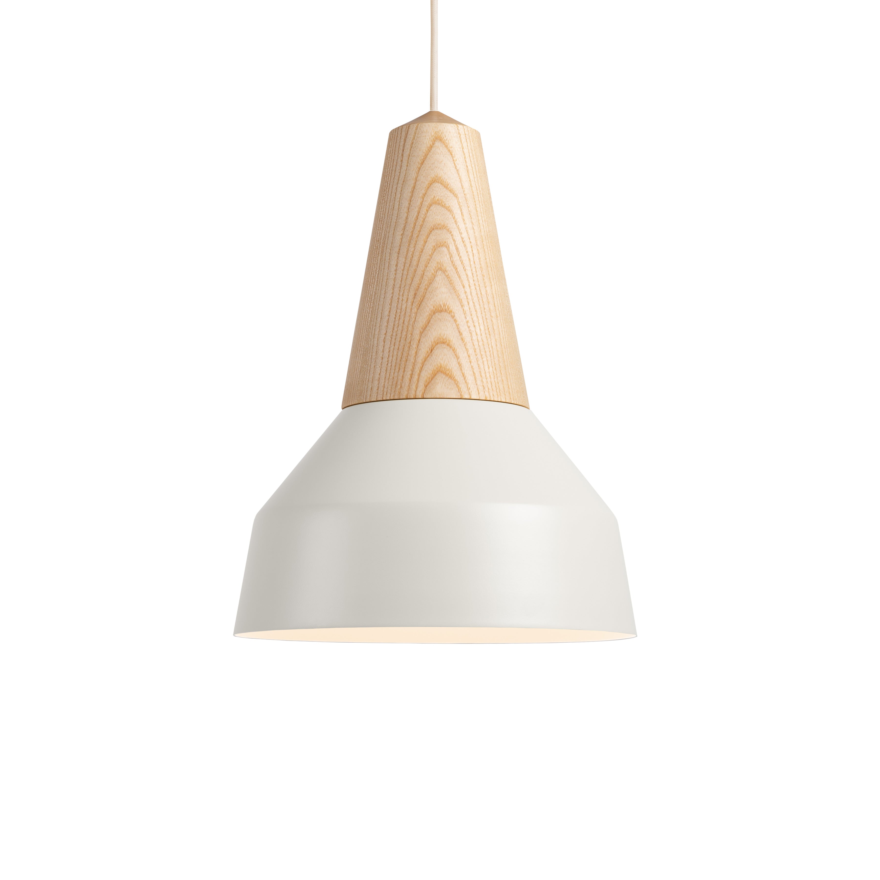 The Eikon Basic White by Schneid is a modern pendant light with a geometric design, featuring a conical fixture made from certified wood that flows into a smooth white-metal shade. Its suspended by a thin cord, embodying minimalist elegance.