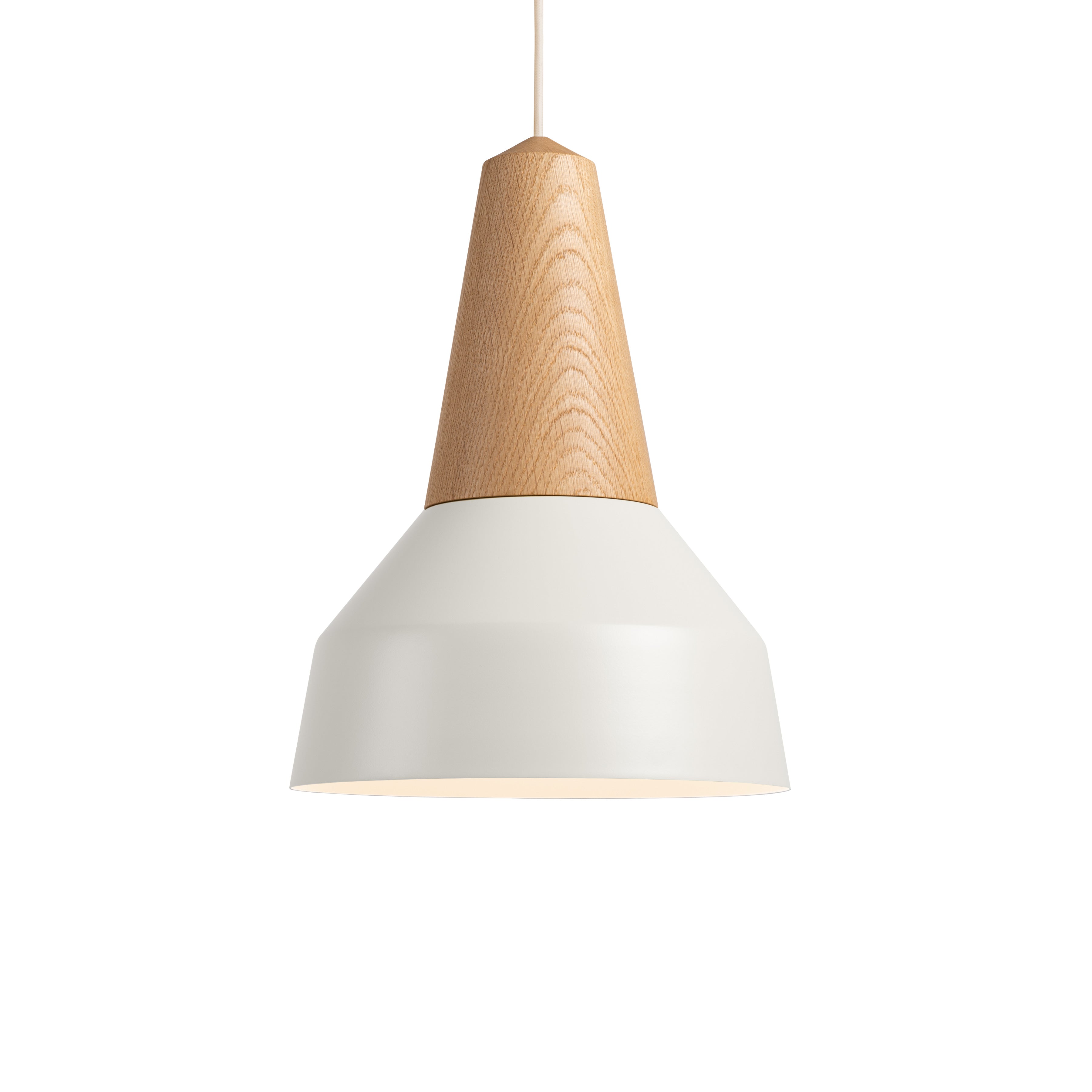 The Eikon Basic White by Schneid is a modern pendant lamp with certified wood forming the sleek top and a matte white conical shade, suspended from a cord against a pristine white background.