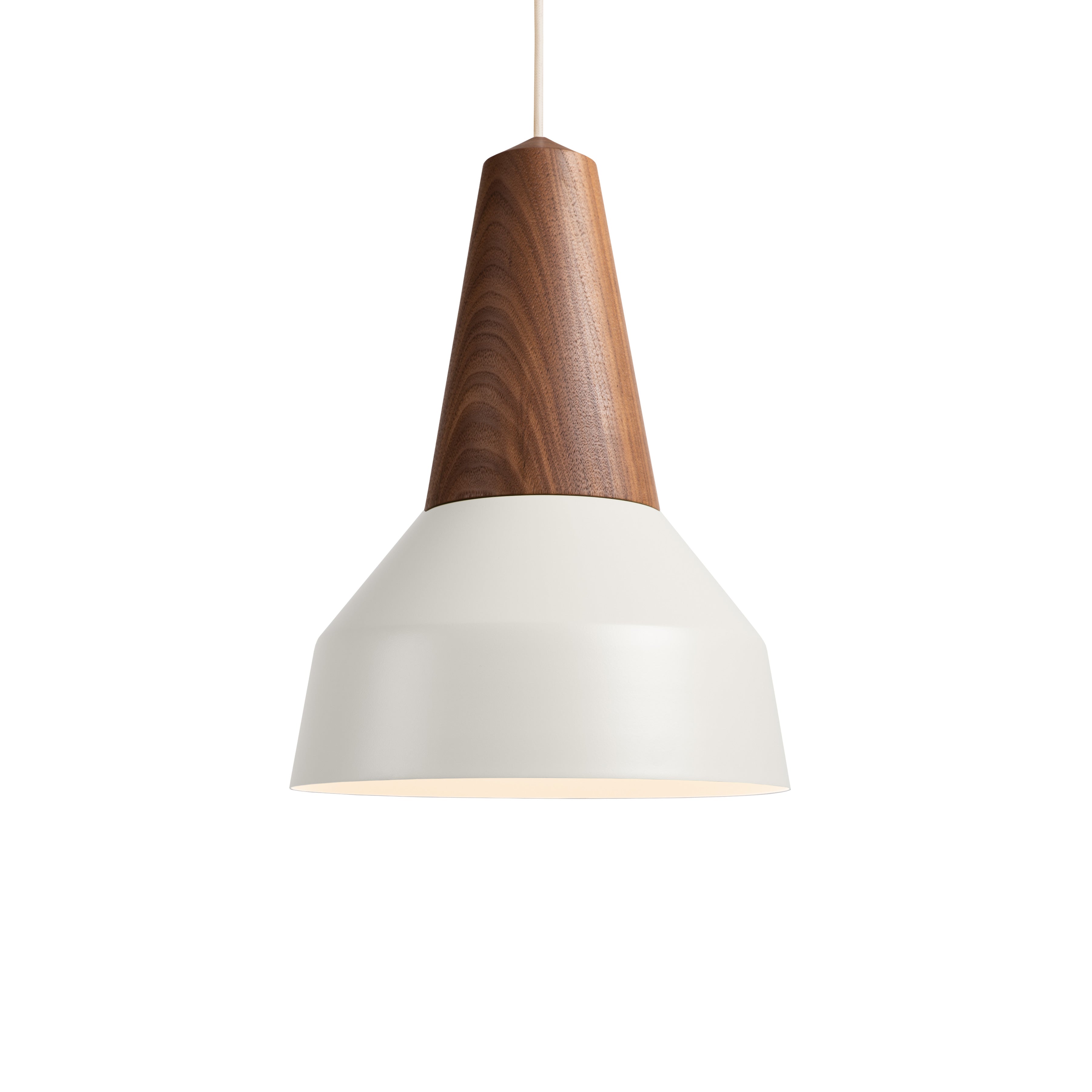 The Schneid Eikon Basic White pendant light features a certified wooden conical top and a sleek, white funnel-shaped shade on a cord, combining natural materials with minimalist elegance for sustainable style in any space.