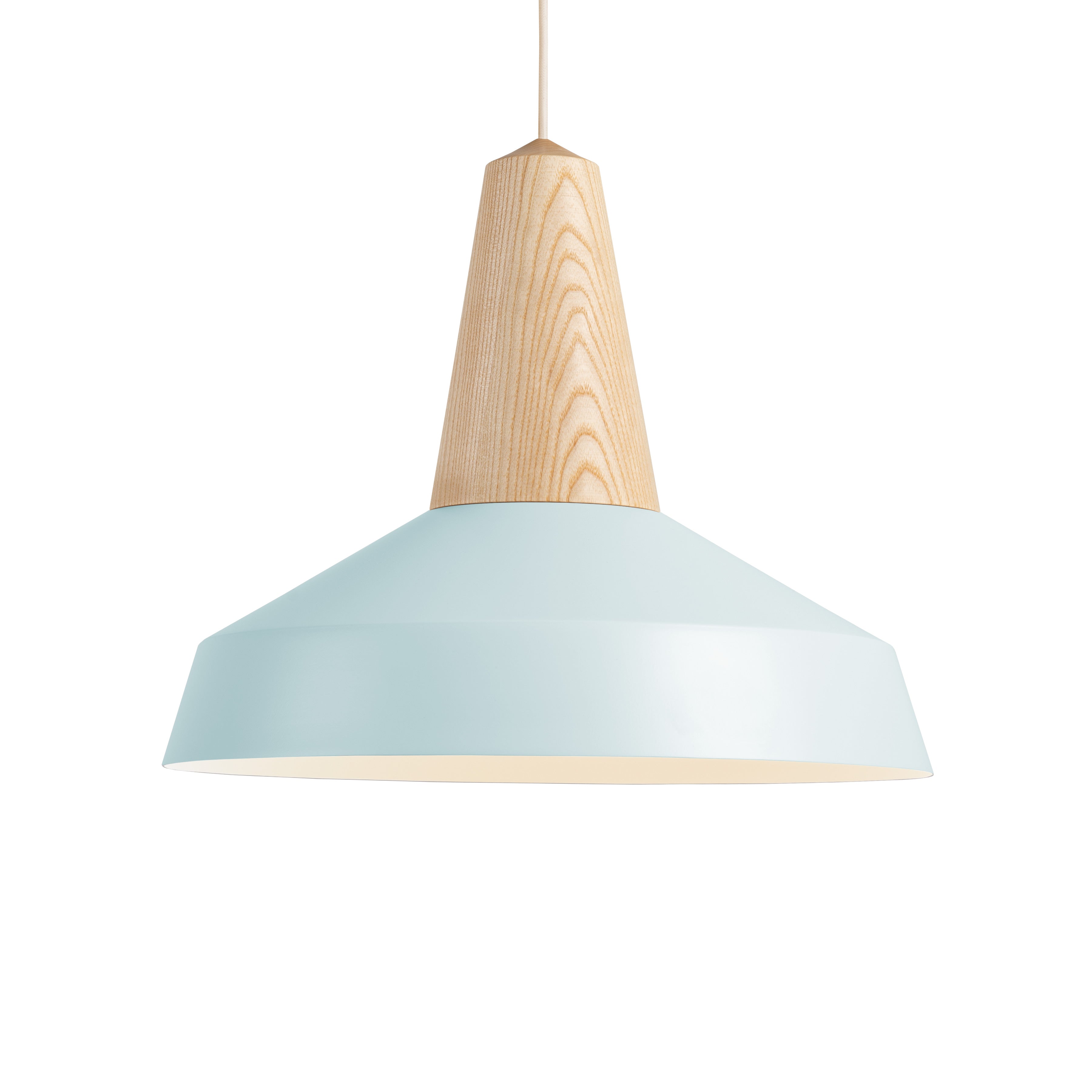 The Eikon Circus Sky Blue pendant by Schneid features a conical wooden top and wide sky blue metal shade. Hanging from a white cord, it beautifully merges industrial style with modern elegance in contemporary lighting.