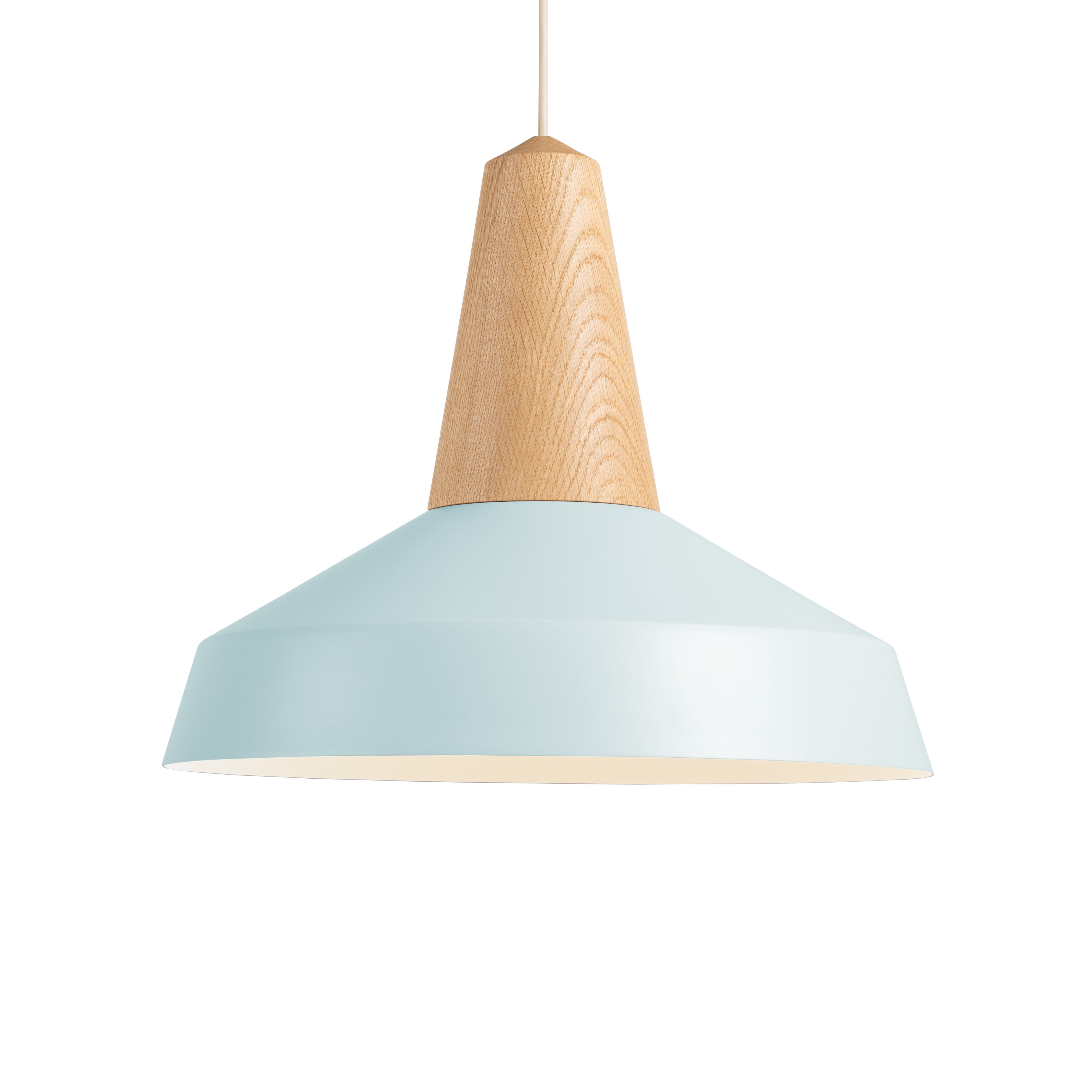 The Schneid Eikon Circus Sky Blue is a modern lighting piece highlighting an industrial feel with its minimalist design, featuring a wide sky blue metal shade and wooden conical top suspended by a white cord against a plain white backdrop.