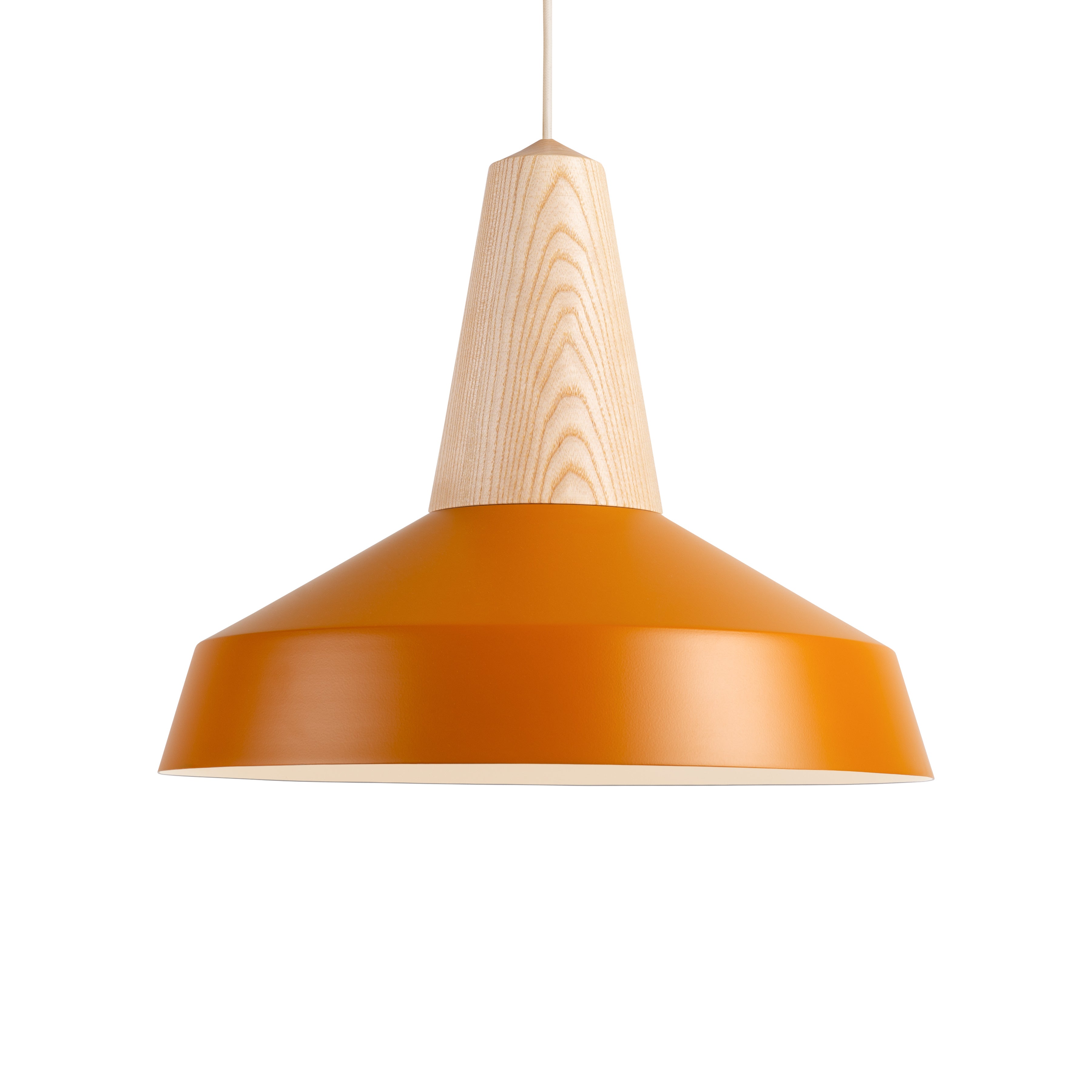The Eikon Circus Turmeric by Schneid highlights a wide orange conical shade paired with a natural wood top, elegantly suspended from a white cord. This modern design perfectly embodies the industrial light style against a pure white backdrop.