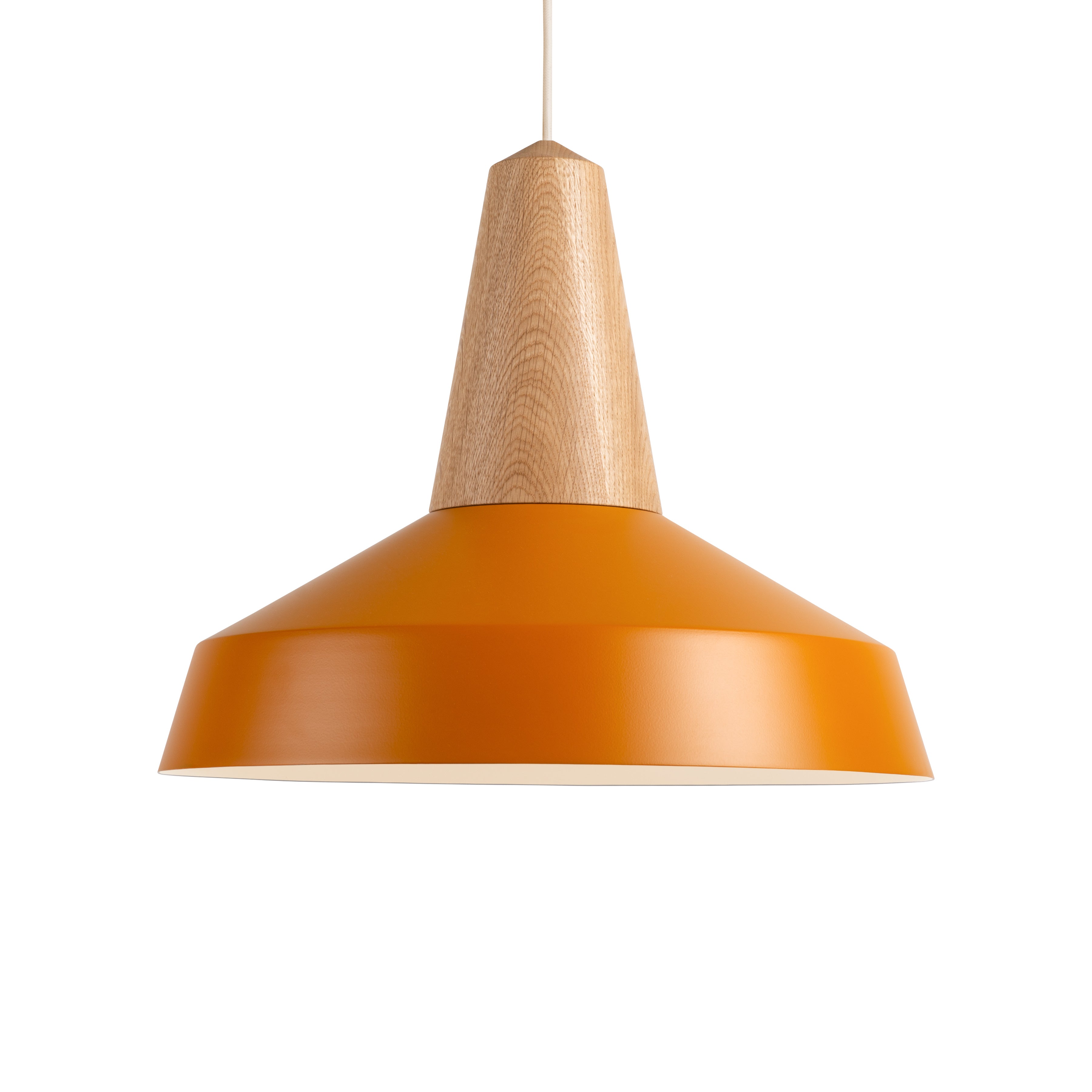 The Eikon Circus Turmeric by Schneid is a modern pendant lamp with a conical orange metal shade, wooden top, and white cord. It highlights clean lines and a minimalist design for a contemporary look.