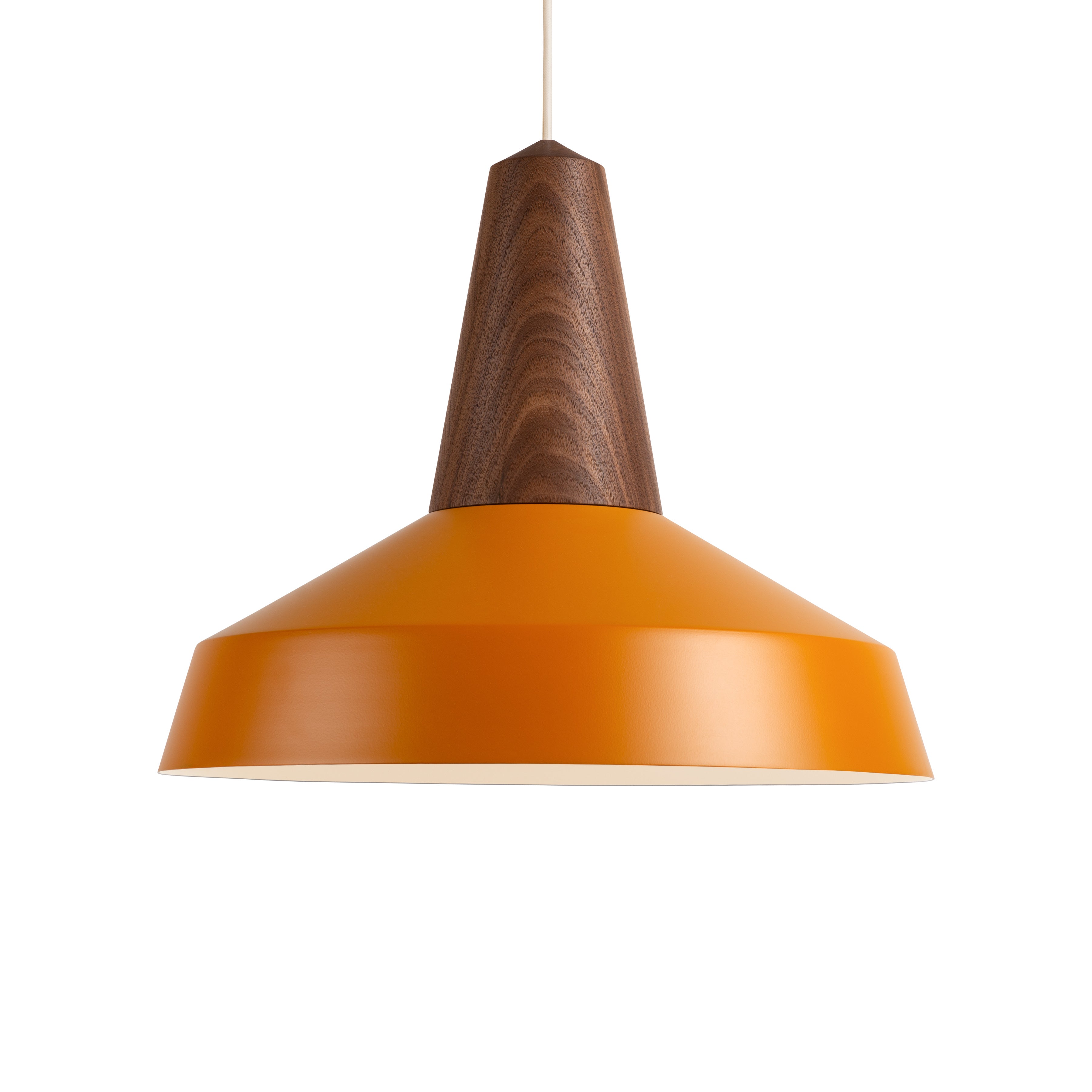 The Eikon Circus Turmeric by Schneid is a pendant light showcasing a modern look with its orange conical shade and brown wooden top, stylishly hanging by a cord.