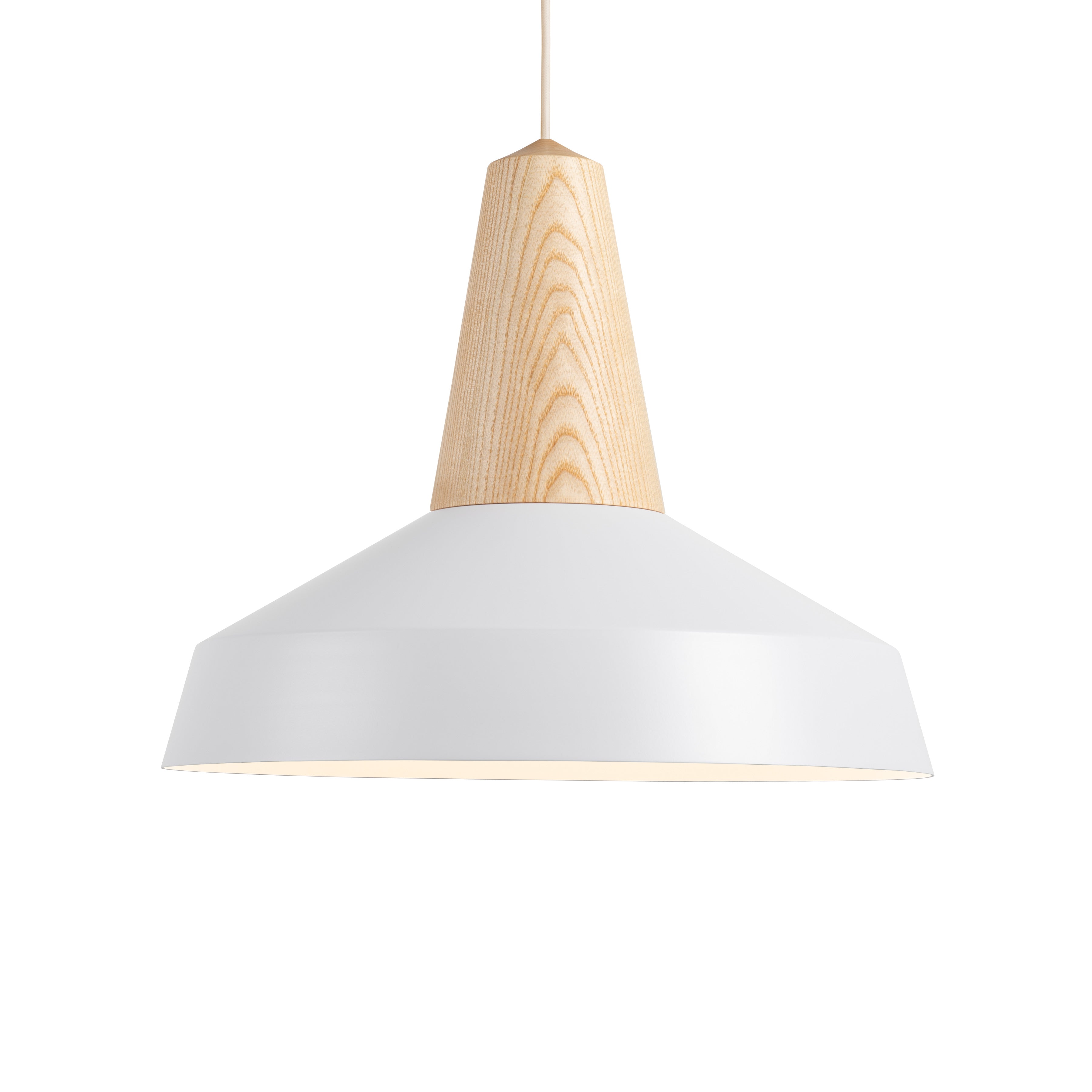 The Eikon Circus White by Schneid is a pendant light featuring a conical wooden top and wide, white metal shade for a contemporary look, elegantly suspended from a thin cord.
