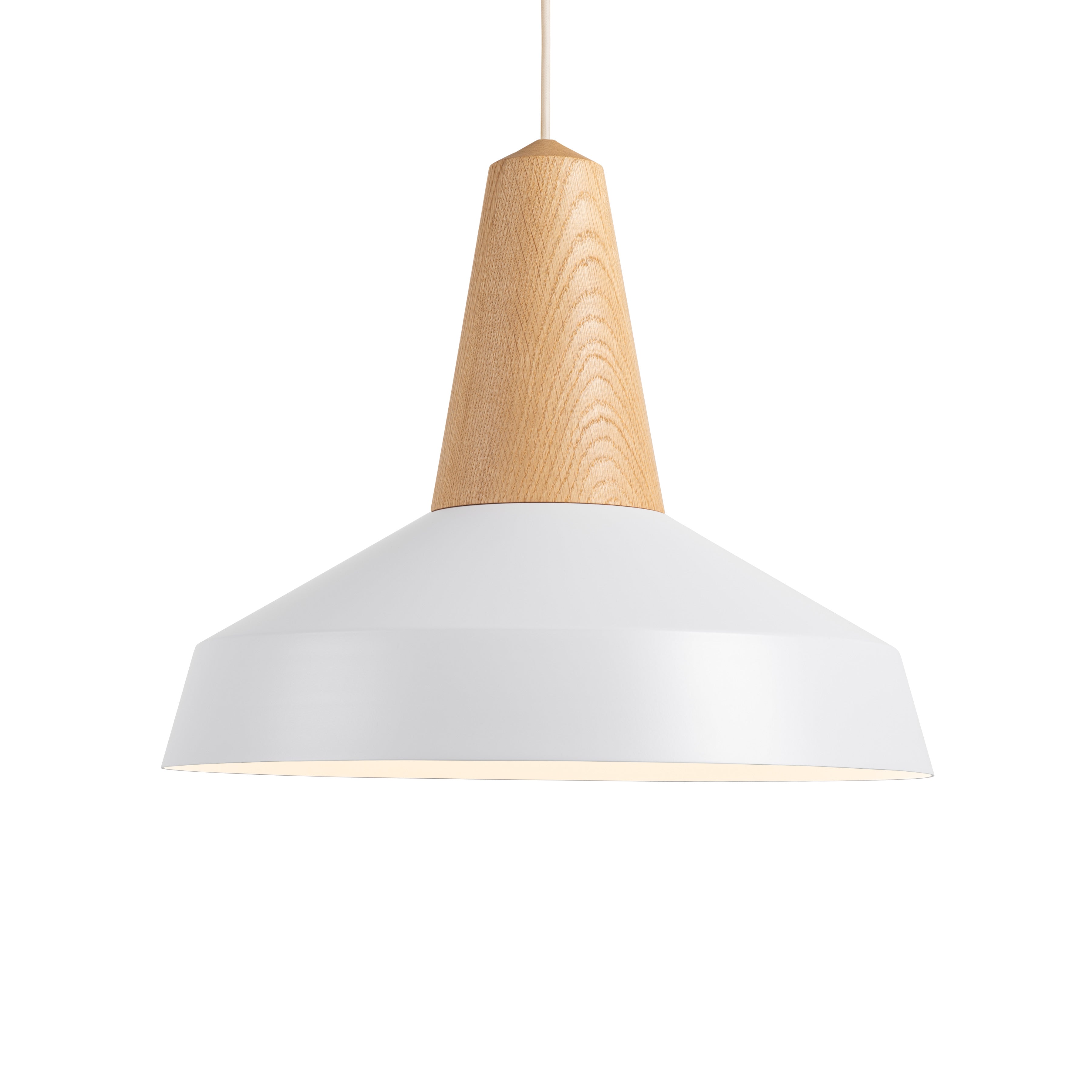 The Schneid Eikon Circus White pendant light blends modern contemporary design with a conical wooden top and wide, white metal shade. It hangs from a cord, adding an industrial flair while casting a soft downward glow when illuminated.