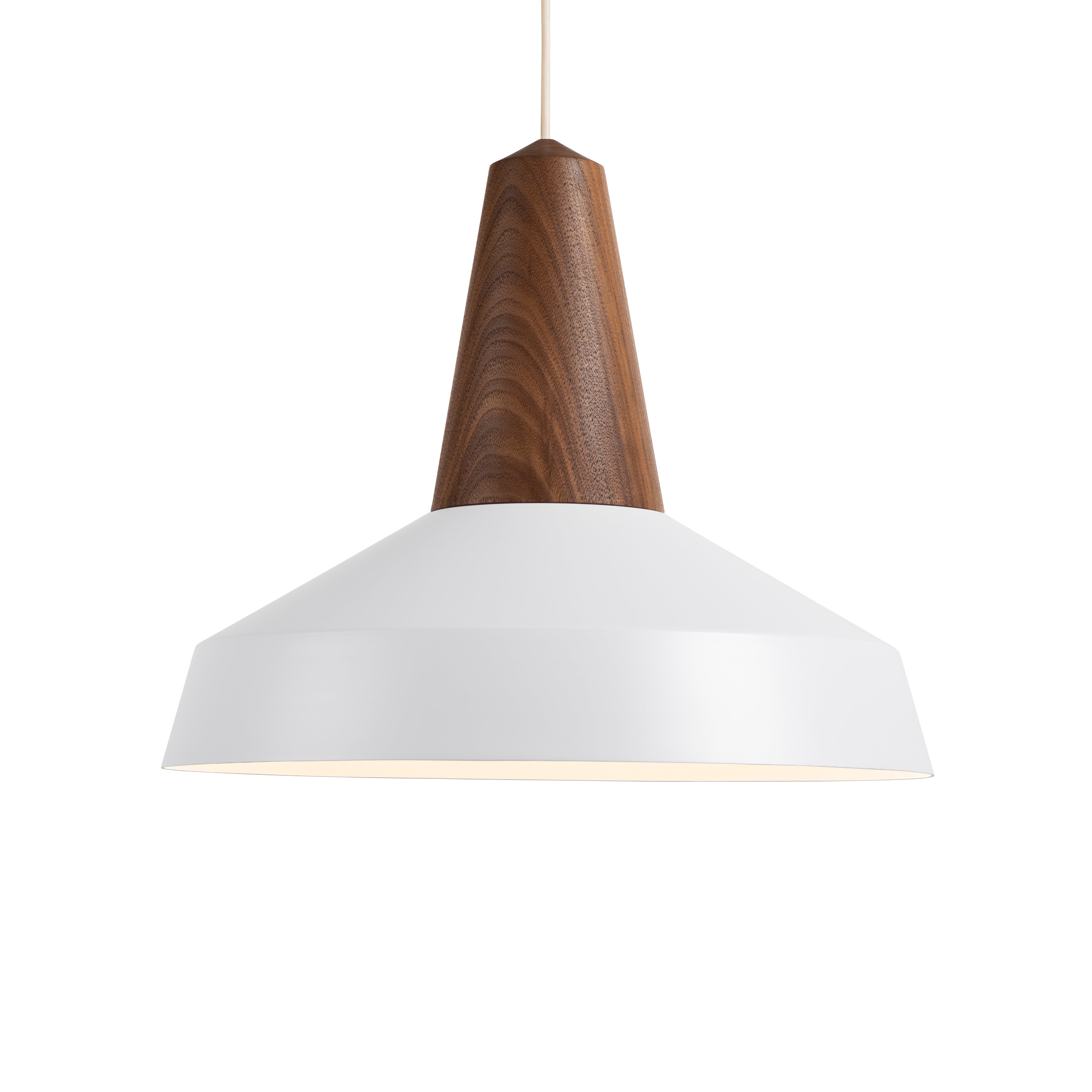 The Schneid Eikon Circus White pendant light has a conical wooden top with a wide white metal shade, blending modern contemporary and minimalist design by emitting a soft, warm glow. The woody top provides subtle contrast to its sleek industrial aesthetic.