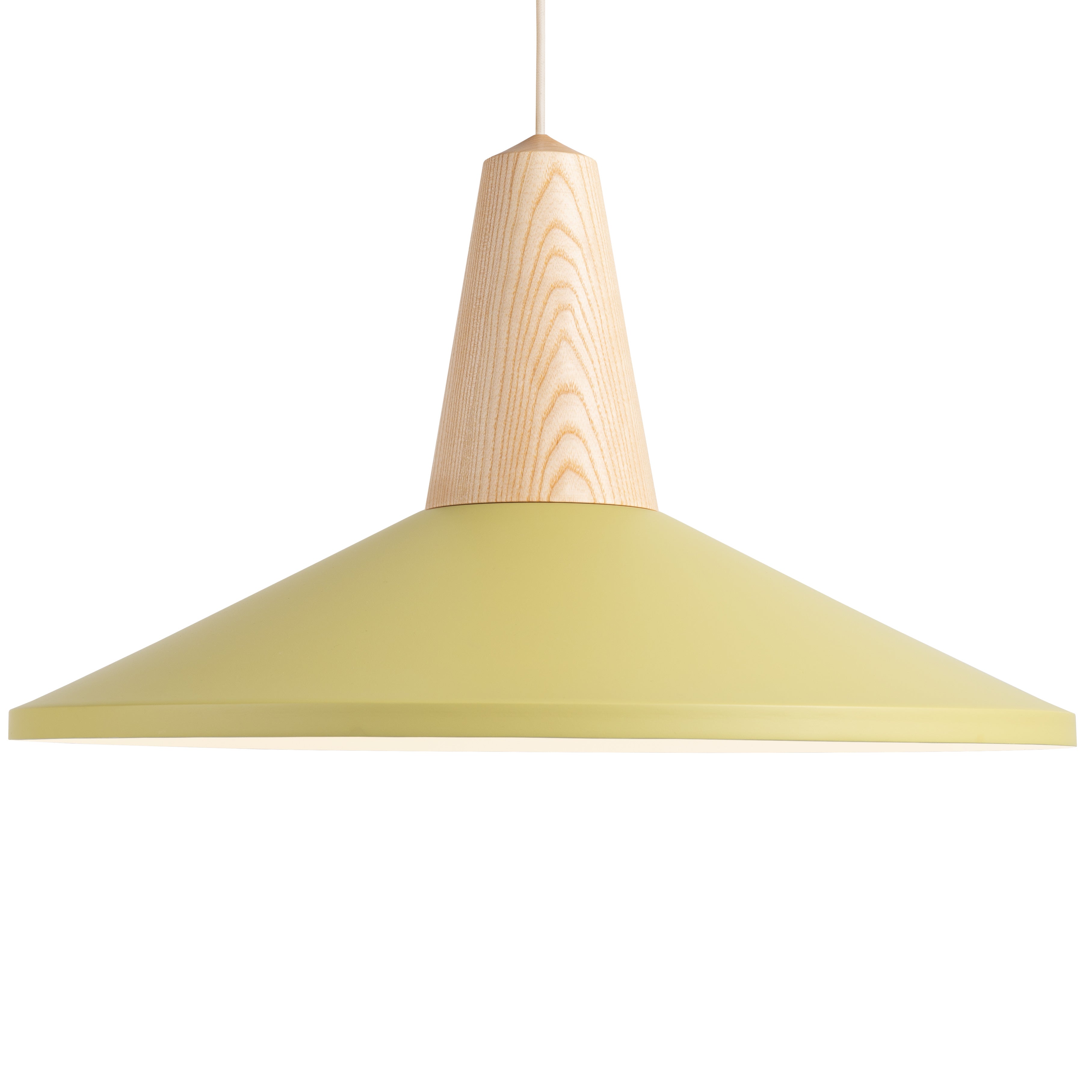 The Eikon Shell Olive by Schneid is a modern pendant lamp featuring a wide, cone-shaped, light green shade and a smooth wooden fixture made from certified wood, all suspended from a white cord.