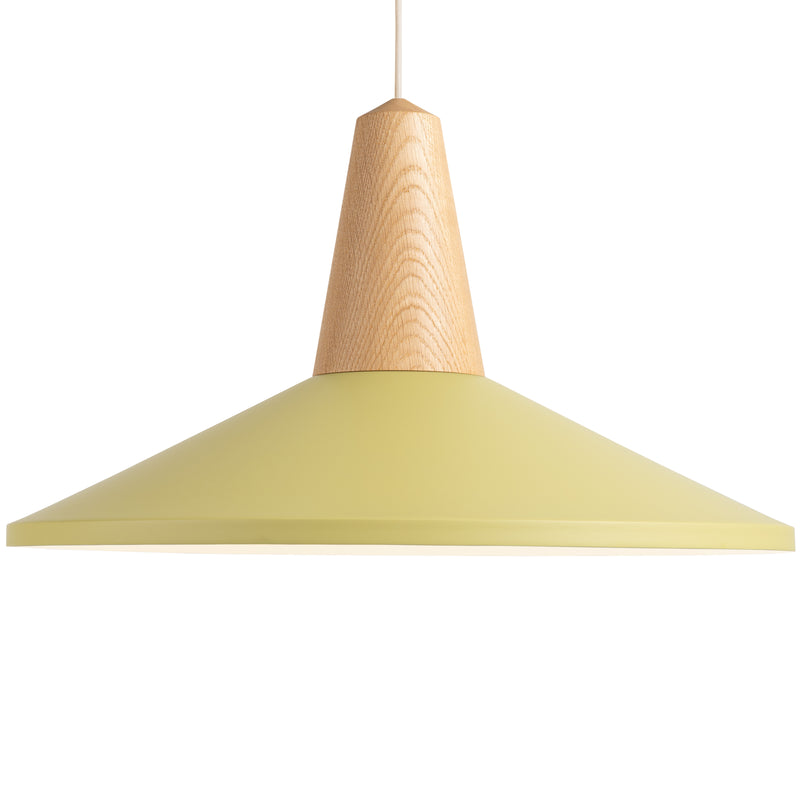 The Eikon Shell Olive - Sale by Schneid features a wide olive green metal shade with a conical top made from certified wood.