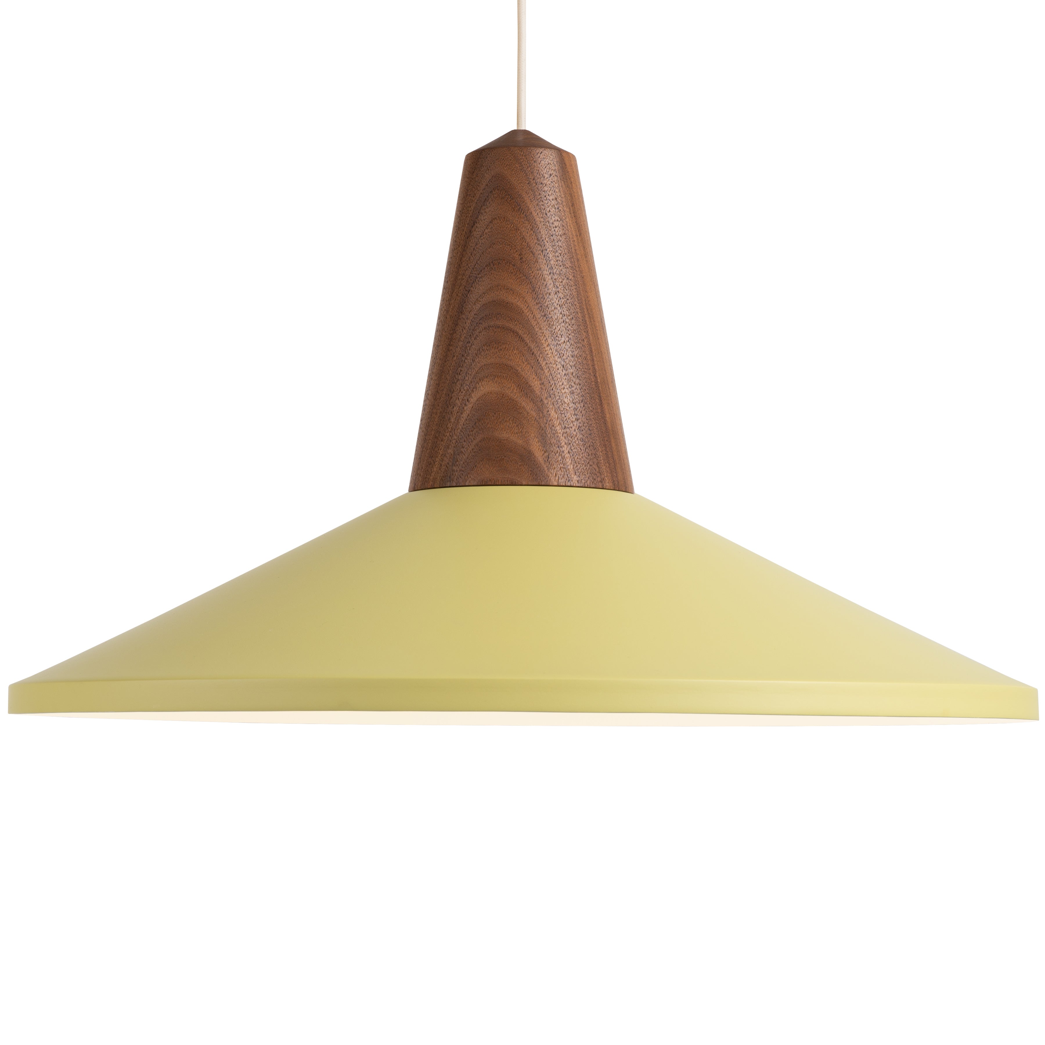 The Eikon Shell Olive by Schneid features a pendant light with a certified wooden conical top and a flat, yellow-green shade, hanging by a thin cord against a white backdrop.