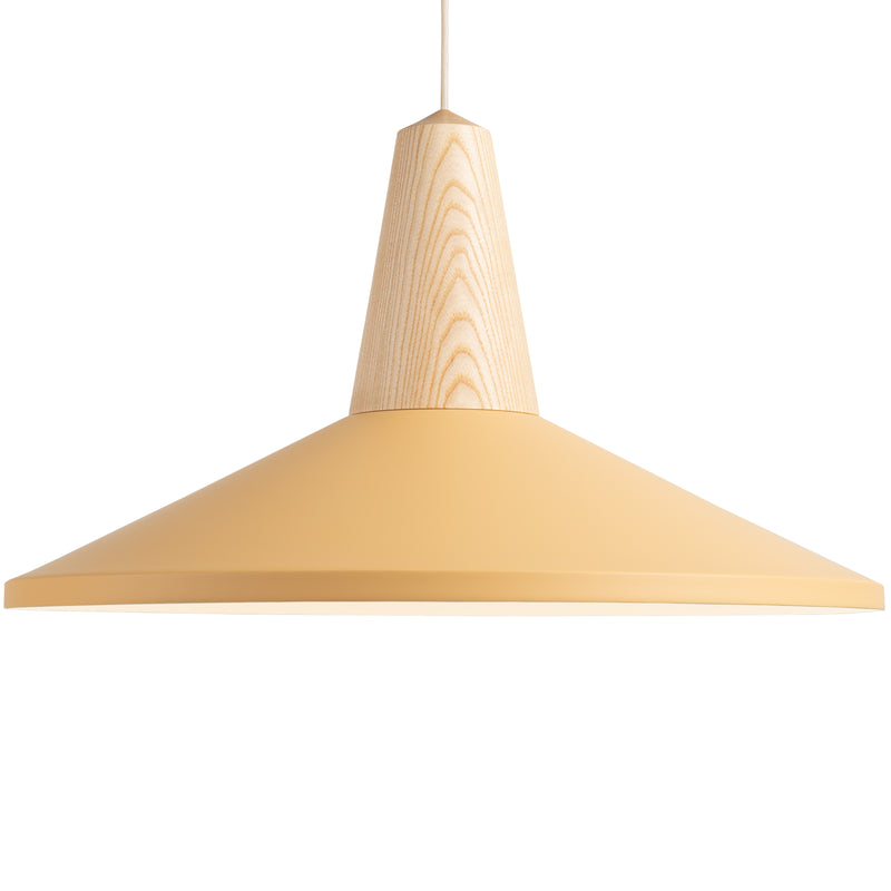 The Eikon Shell Peach Sherbet by Schneid showcases a modern pendant design with a wide conical yellow shade, a wooden fixture, and is elegantly suspended by a thin cord against a white backdrop.