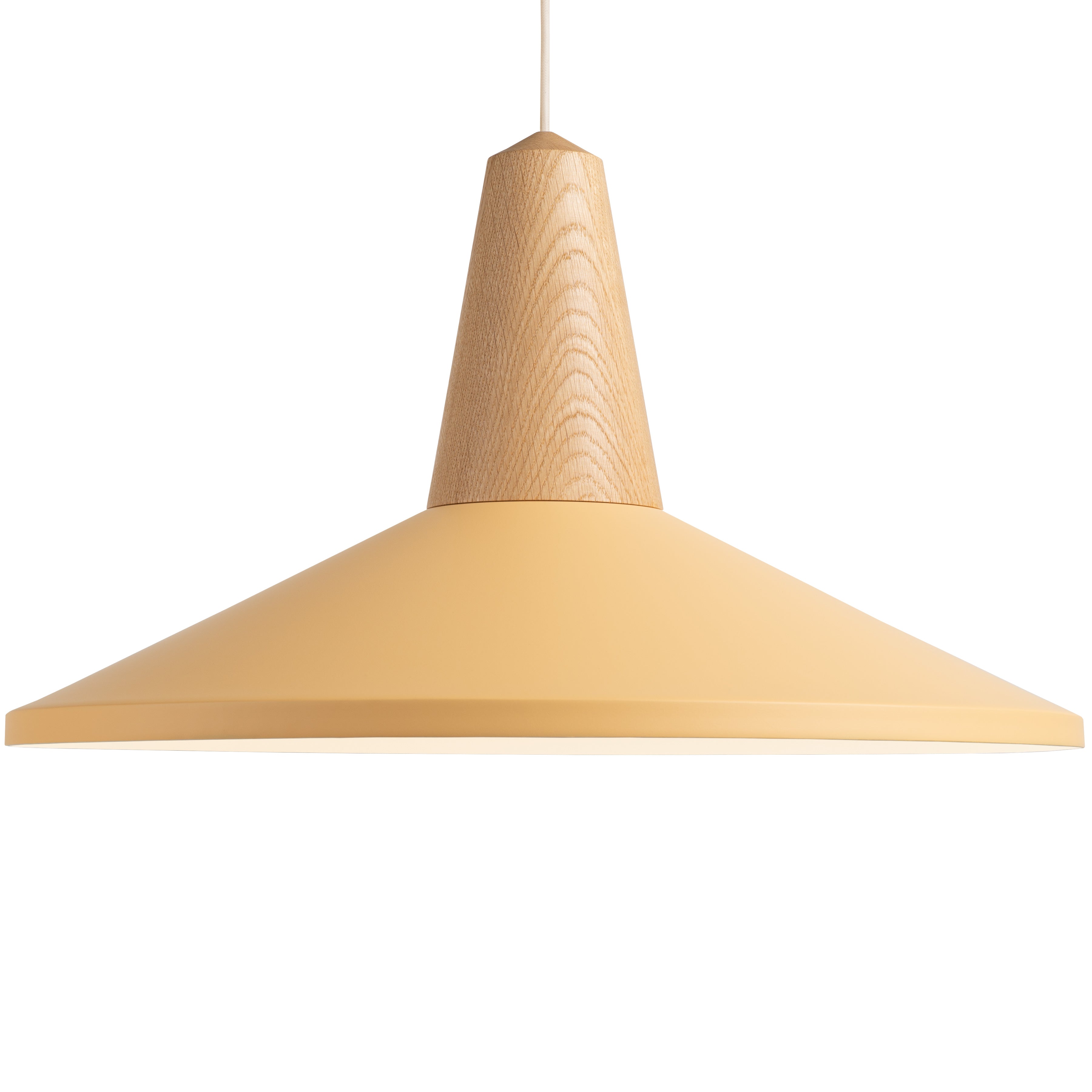 The Schneid Eikon Shell Peach Sherbet, with its peach conical shade and light wood top, hangs elegantly via a thin white cord. This pendant light enhances any space with its minimalist charm against a plain white backdrop.
