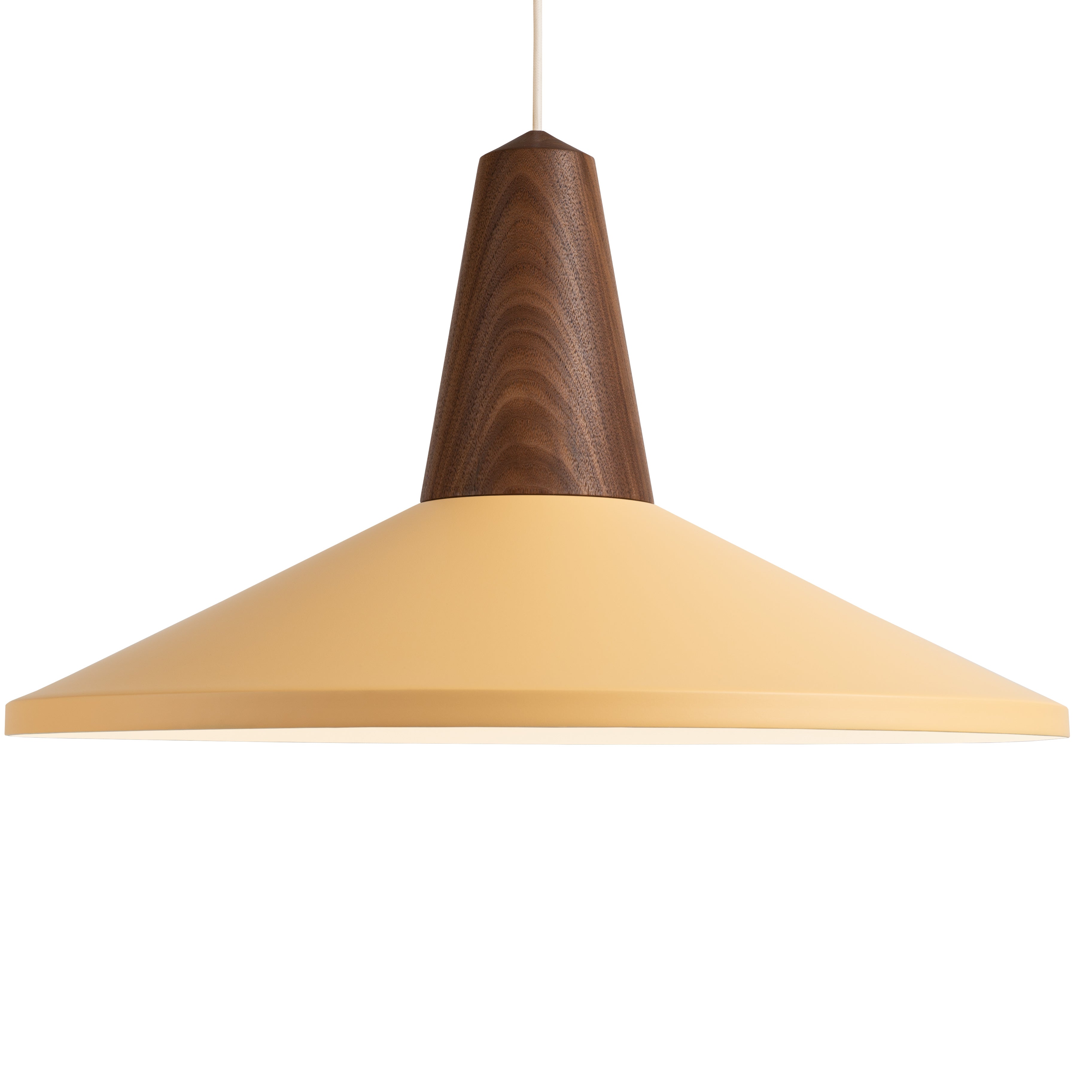 The Eikon Shell Peach Sherbet by Schneid features a wooden conical top and a wide, beige circular shade. Its elegantly suspended from a thin cord with an innovative magnetic connection for easy installation and adjustment, blending style and functionality in pendant lighting.