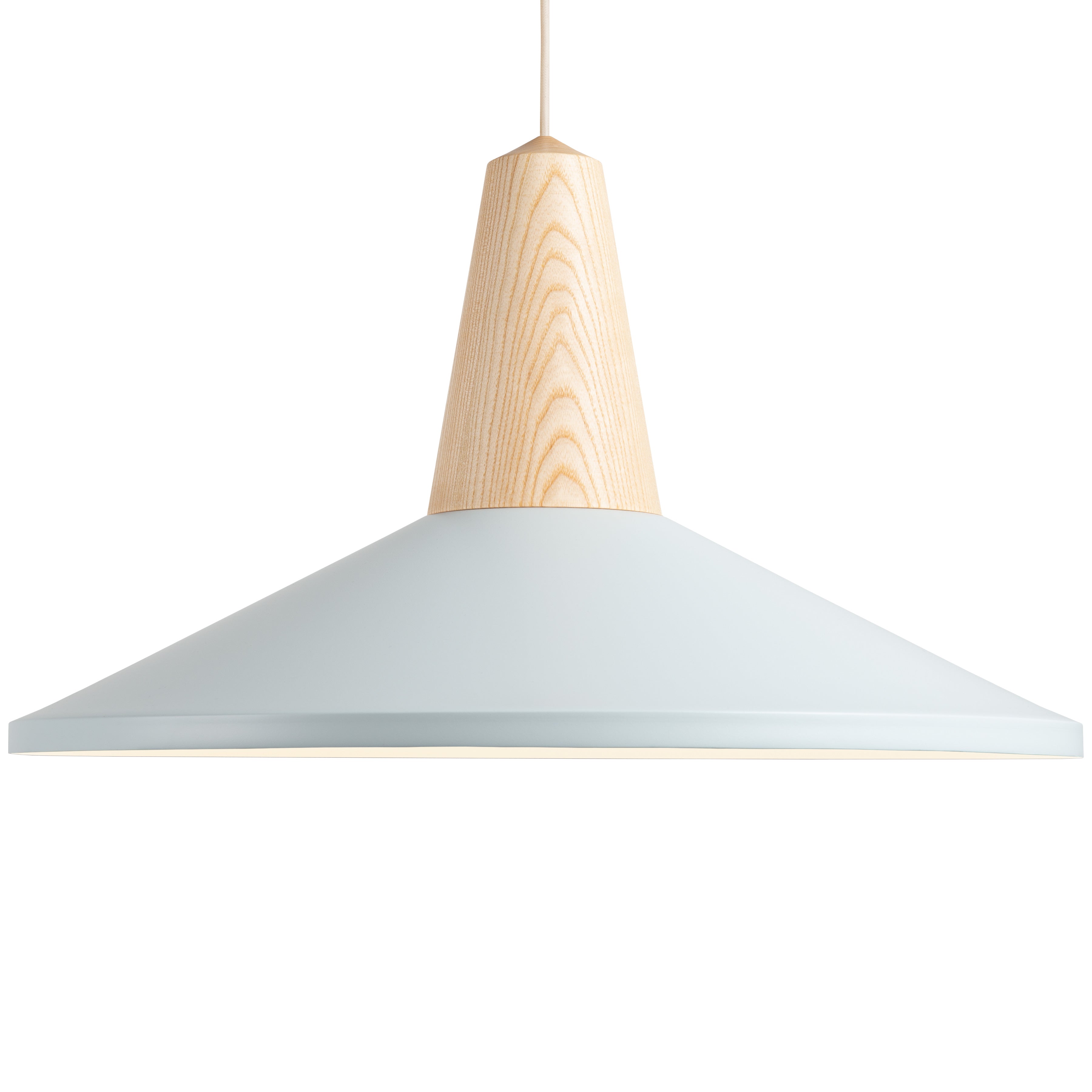 The Eikon Shell Sky Blue by Schneid features modern pendant lighting with a wide, conical shade in matte light blue. A natural certified wood top adds warmth, and a thin white cord suspends it, offering style and sustainability.