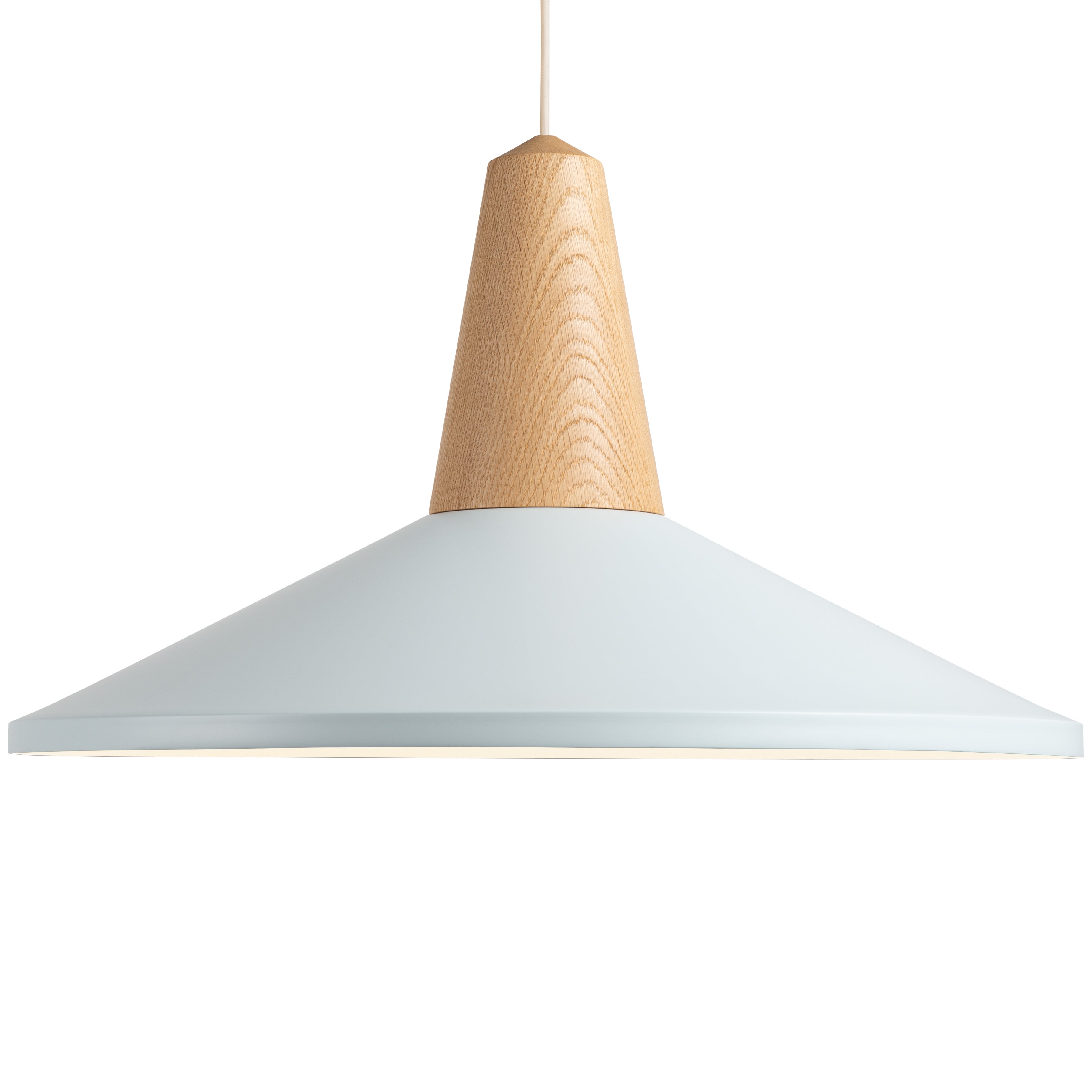 The Schneid Eikon Shell Sky Blue is a modern pendant light featuring a conical, sky blue shade and a natural wooden top made from certified wood, suspended from the ceiling by a thin cord.