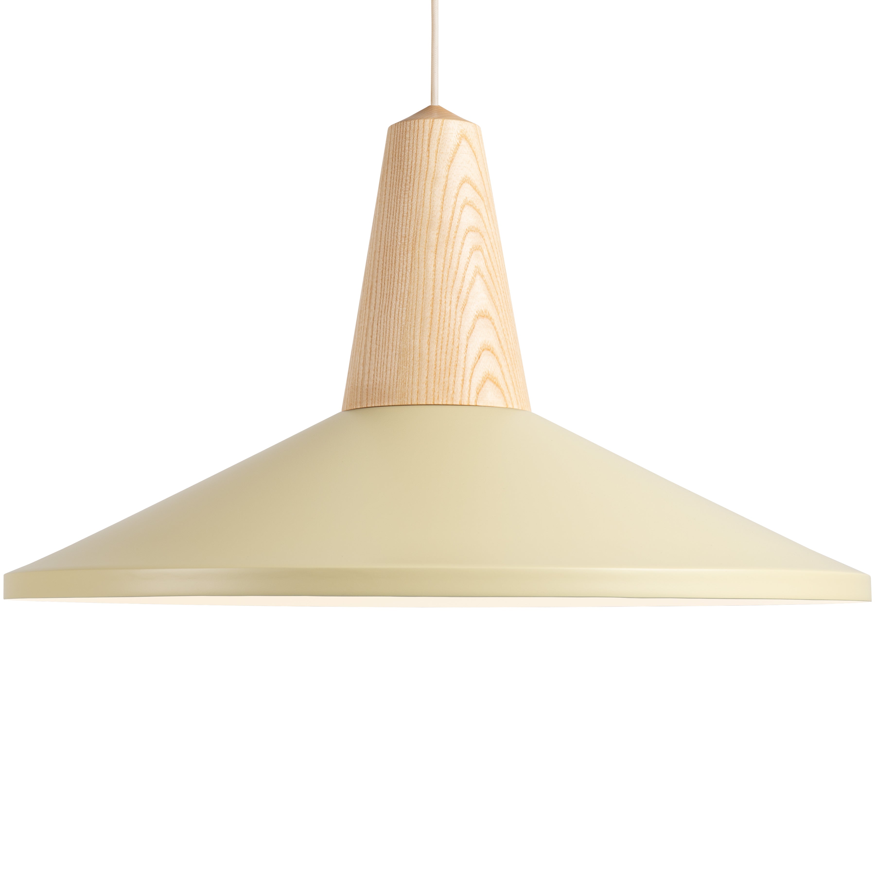 The Eikon Shell Wax from Schneid is a modern pendant lamp with a cone-shaped light green shade and a certified wood fixture, suspended by a cord. Its minimalist design blends natural and contemporary elements, ideal for elegant pendant lighting.
