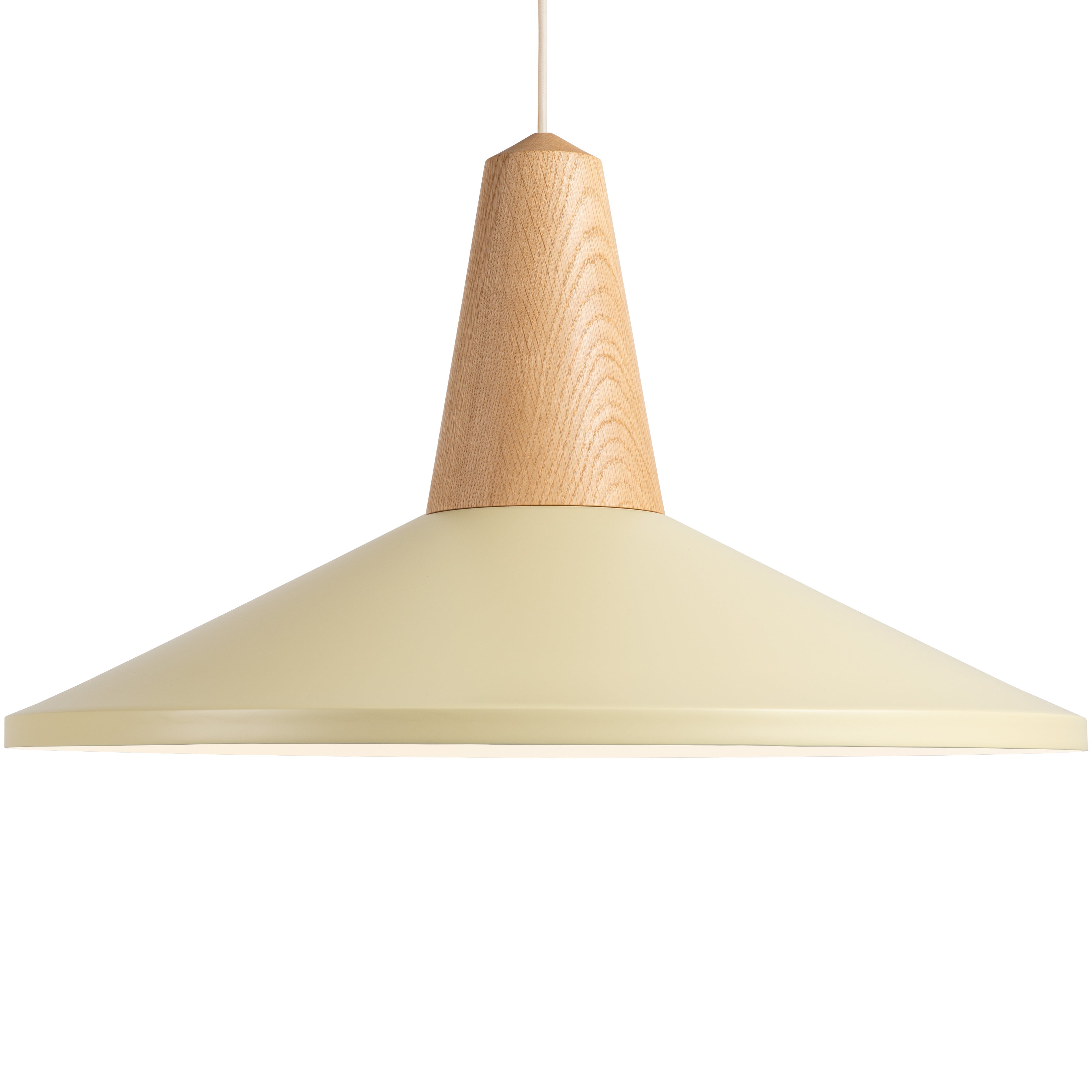 The Eikon Shell Wax by Schneid is a modern pendant lamp with a wide beige shade and wooden cone top made from certified wood, elegantly suspended by a thin white cord, offering stylish lighting for any room.