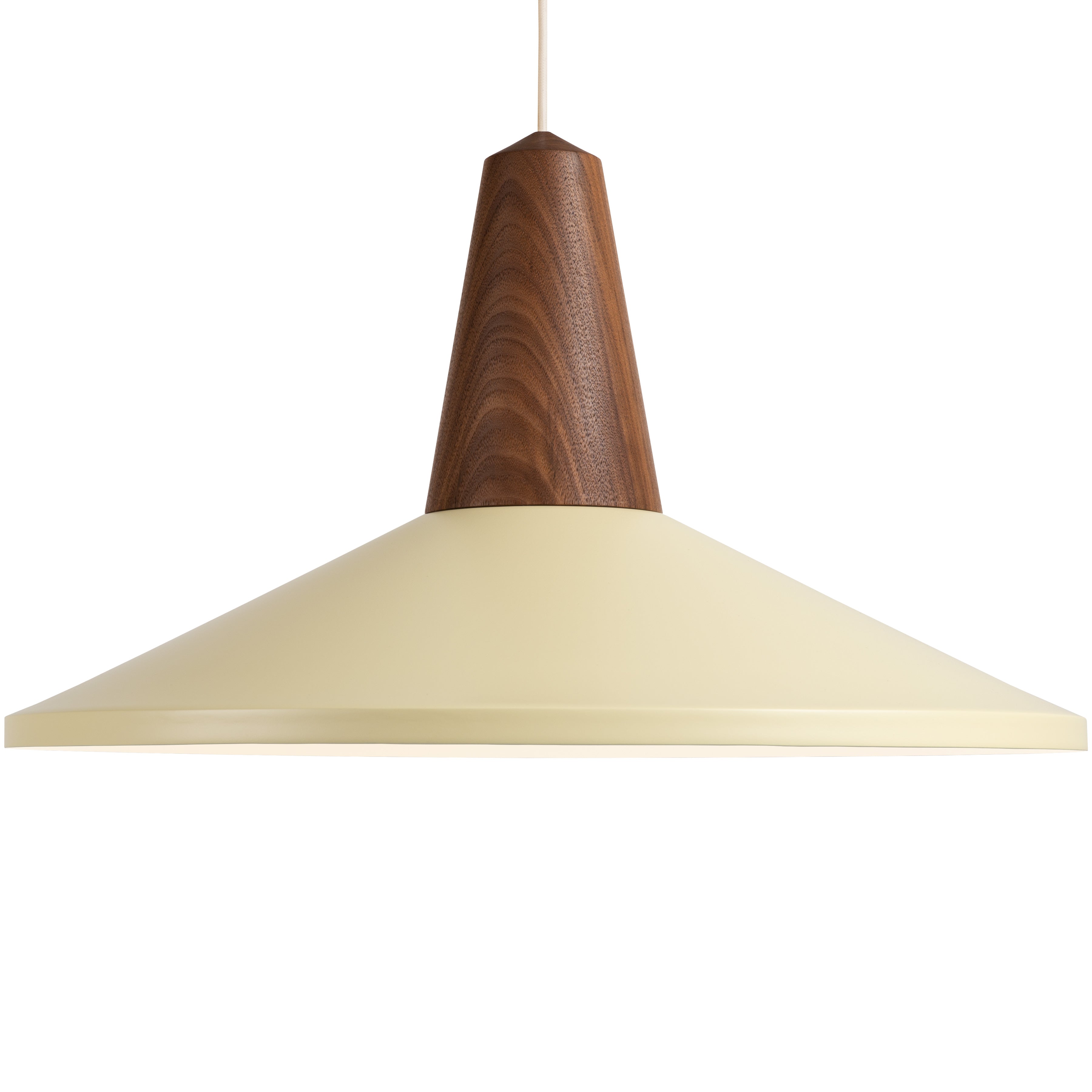 The Eikon Shell Wax by Schneid is a modern pendant light with a tan conical shade and certified wooden top, suspended by a white cord. Its sleek design blends contemporary and natural elements, making it perfect for various interiors.