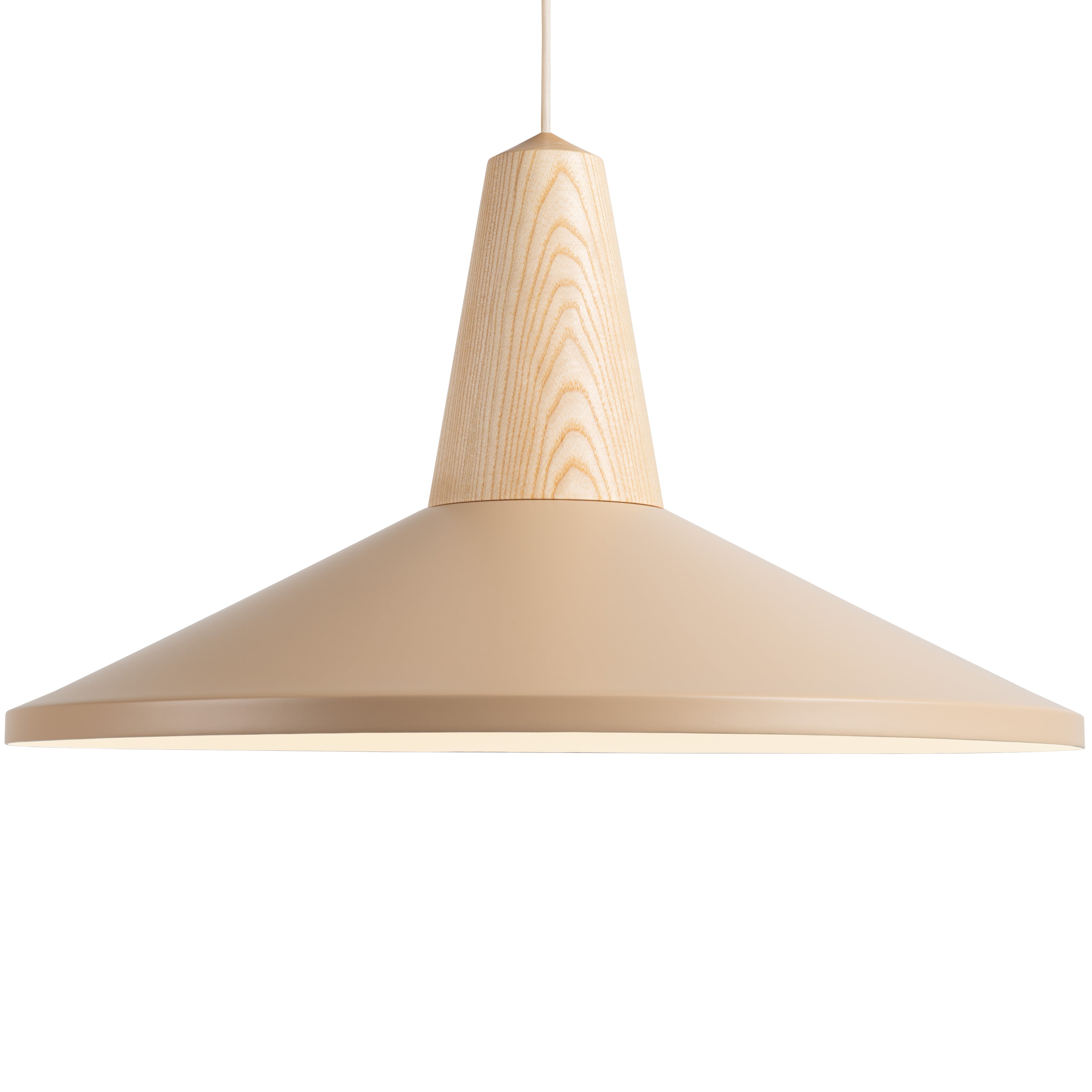 The Eikon Shell Wheat by Schneid is a beige, cone-shaped pendant light with a wooden top, showcasing a modern and minimalist design. Hanging from a cable, it blends natural wood tones and soft beige colors and is crafted using certified wood for an eco-friendly touch.