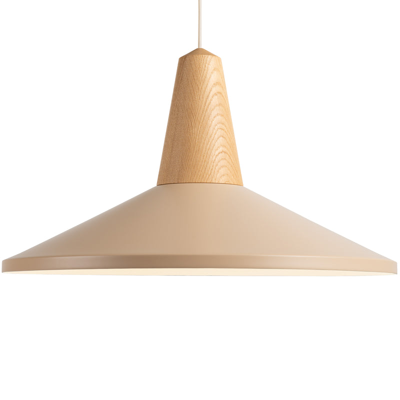 The Eikon Shell Wheat by Schneid is a modern pendant lamp with a wide beige conical shade and wooden top, crafted from certified wood. It hangs from a thin cord with a magnetic connecting system, blending minimalist design with warm, natural elements.