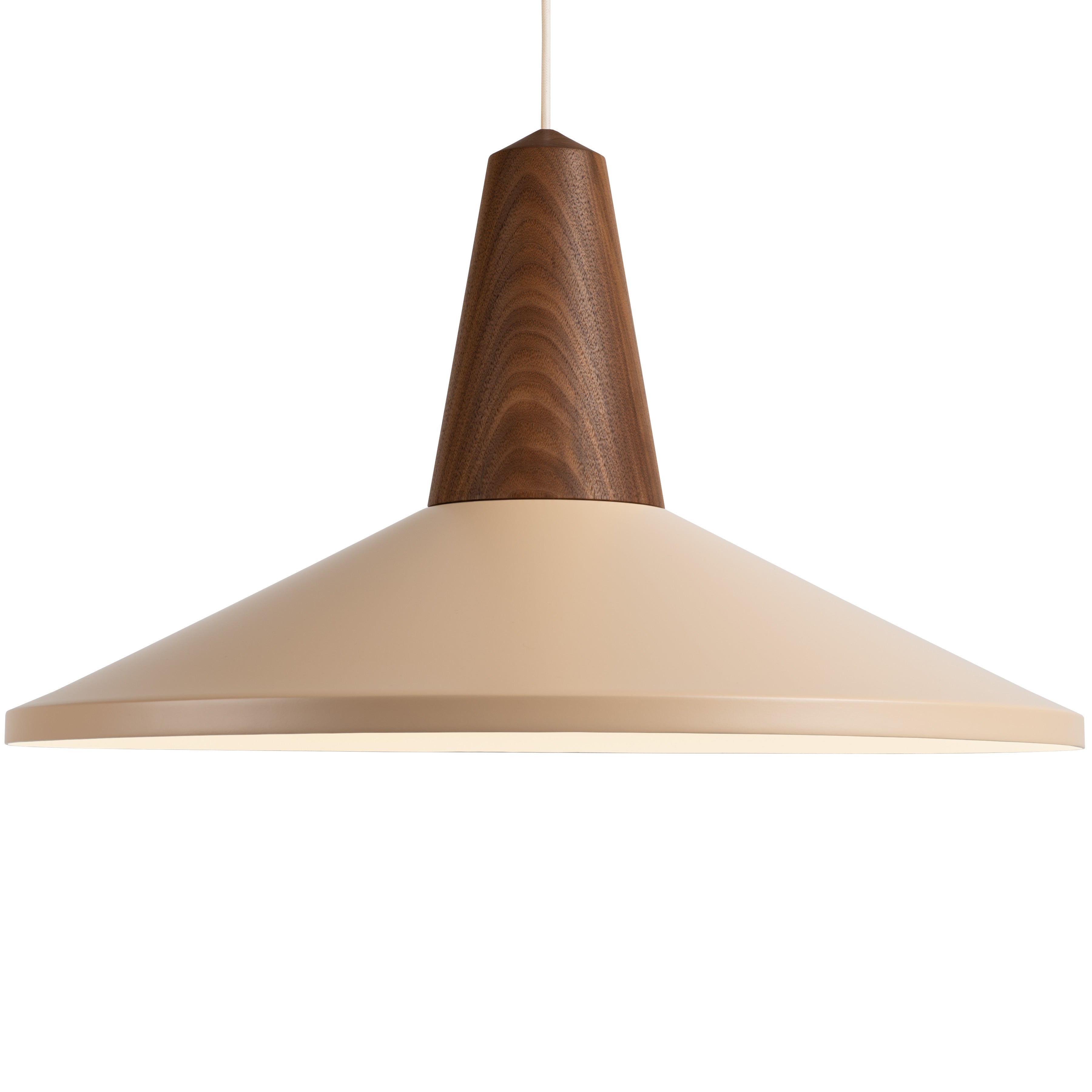 The Eikon Shell Wheat by Schneid is a modern pendant light featuring a wide, conical beige shade with a dark certified wood accent at the top, suspended from a thin white cord.