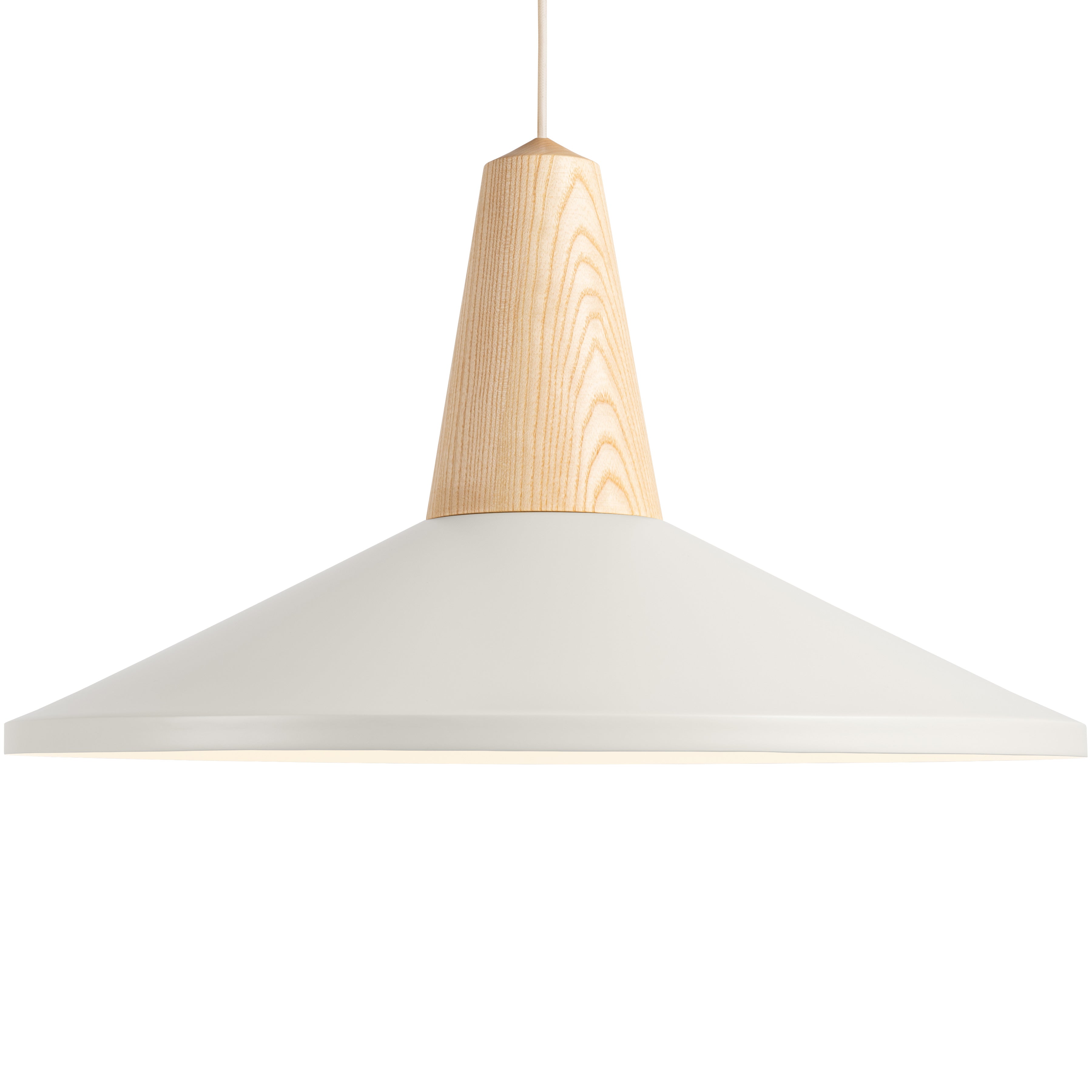 The Eikon Shell White by Schneid is a chic pendant light with a conical, certified wood top and wide white shade, elegantly suspended from a single cord to enhance any space.