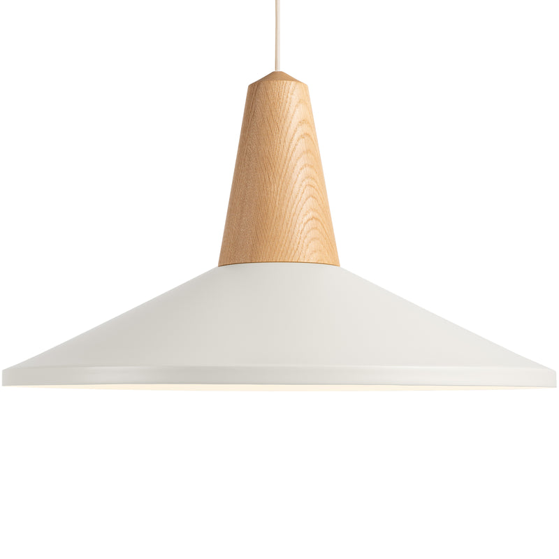 The Eikon Shell White by Schneid is a conical pendant lamp featuring a white shade and certified wood top, suspended by a power cord. Its minimalist design provides a soft, modern aesthetic, ideal for those seeking elegant pendant lighting.