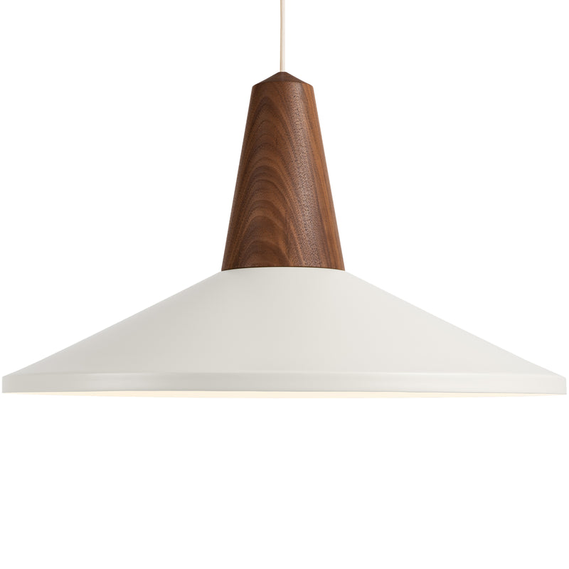 The Schneid Eikon Shell White is a pendant lamp with a sleek, white conical shade and certified wood accent, suspended by a thin cord. It combines minimalist and natural elements for a contemporary look in modern lighting.