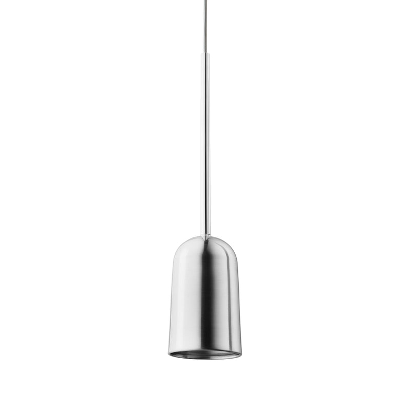 The Figura Arc Chrome by Schneid is a sleek and modern pendant light with a metallic, brushed silver finish. It features an industrial design with a cylindrical shape and slightly rounded bottom, suspended by a thin rod against a plain white backdrop.