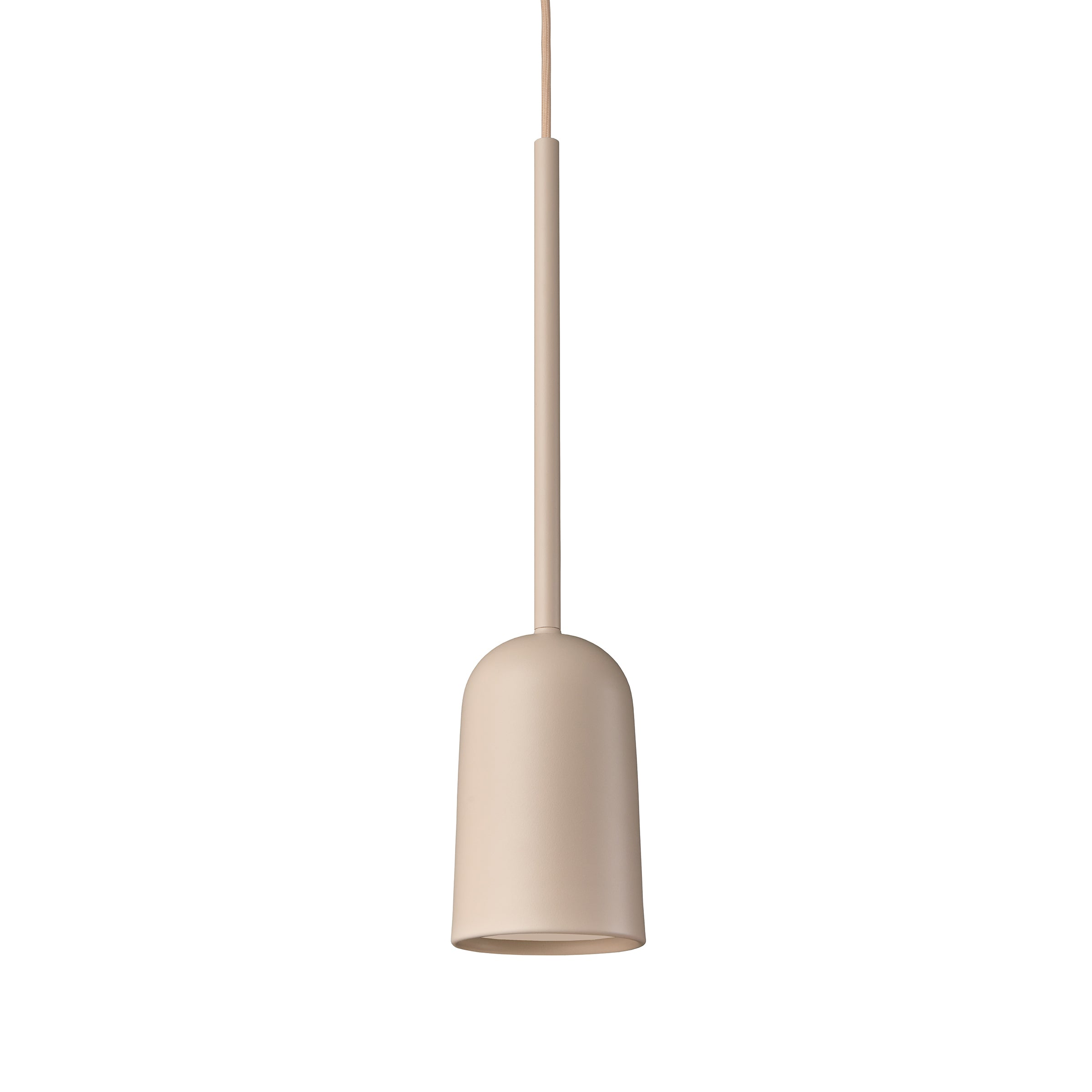 The Figura Arc Desert Sand by Schneid is a minimalist pendant light with a cylindrical shade and slender stem. Its simple, modern design hangs from a thin cable to project light downward, offering a clean and understated aesthetic ideal for industrial luminaire settings.