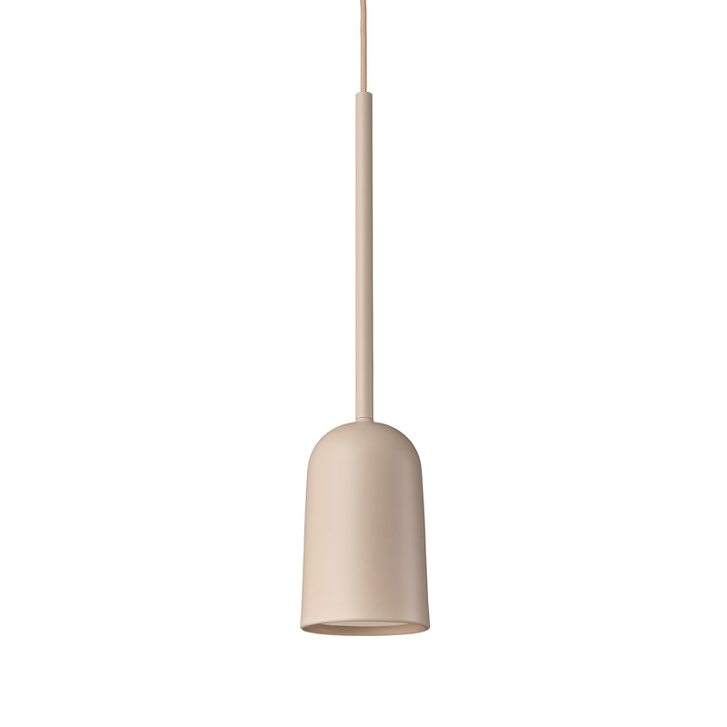 The Figura Arc Desert Sand by Schneid is a minimalist pendant light with a cylindrical shade and slender stem. Its simple, modern design hangs from a thin cable to project light downward, offering a clean and understated aesthetic ideal for industrial luminaire settings.