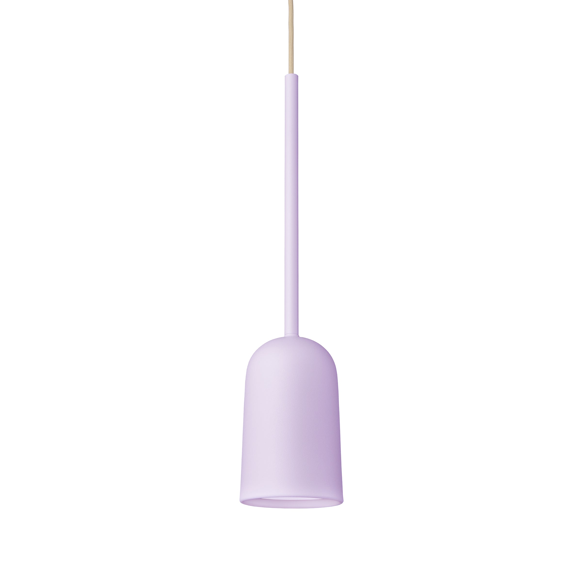 The Figura Arc Lilac by Schneid is a modern pendant light fixture in pastel purple with a cylindrical shape and smooth finish, embodying minimalist design. It hangs from a thin wire against a plain white background.