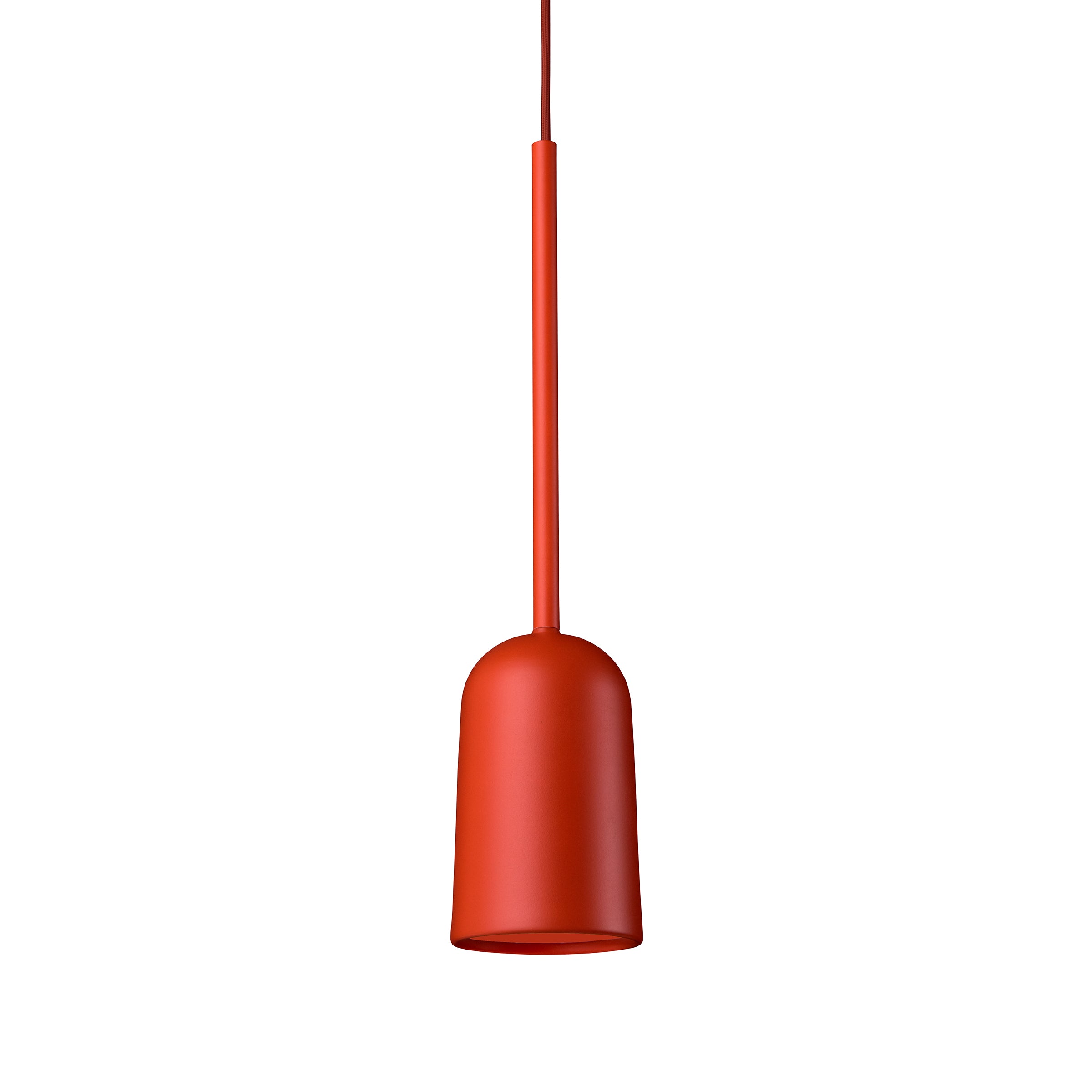 A burnt orange pendant light fixture with a sleek, minimalist design hangs against a white background. The Schneid Figura Arc features a cylindrical shape with a rounded top and an extended slim rod connecting to the ceiling, effortlessly embodying industrial aesthetics.