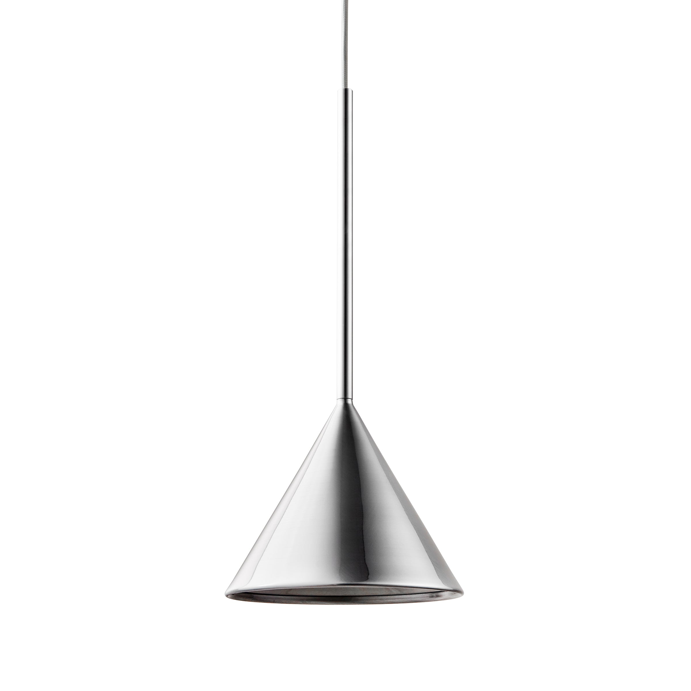 The Figura Cone Chrome by Schneid is a minimalist, cone-shaped pendant lamp with a sculptural silhouette. Made of polished metal, it features a sleek, modern design and hangs from a thin cord. Its smooth, reflective surface enhances its contemporary appeal.