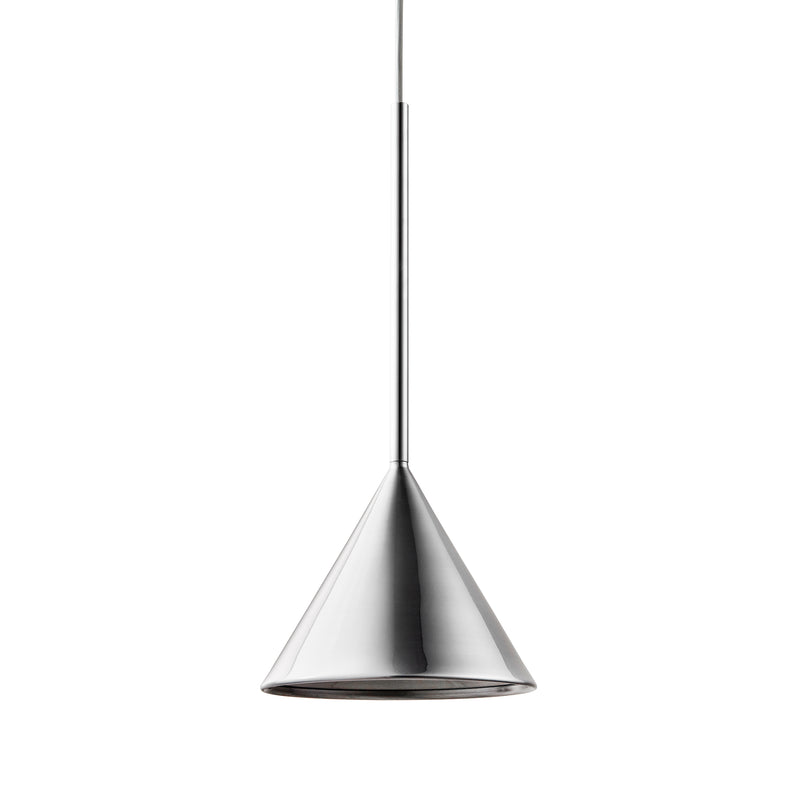 The Figura Cone Chrome by Schneid is a minimalist, cone-shaped pendant lamp with a sculptural silhouette. Made of polished metal, it features a sleek, modern design and hangs from a thin cord. Its smooth, reflective surface enhances its contemporary appeal.