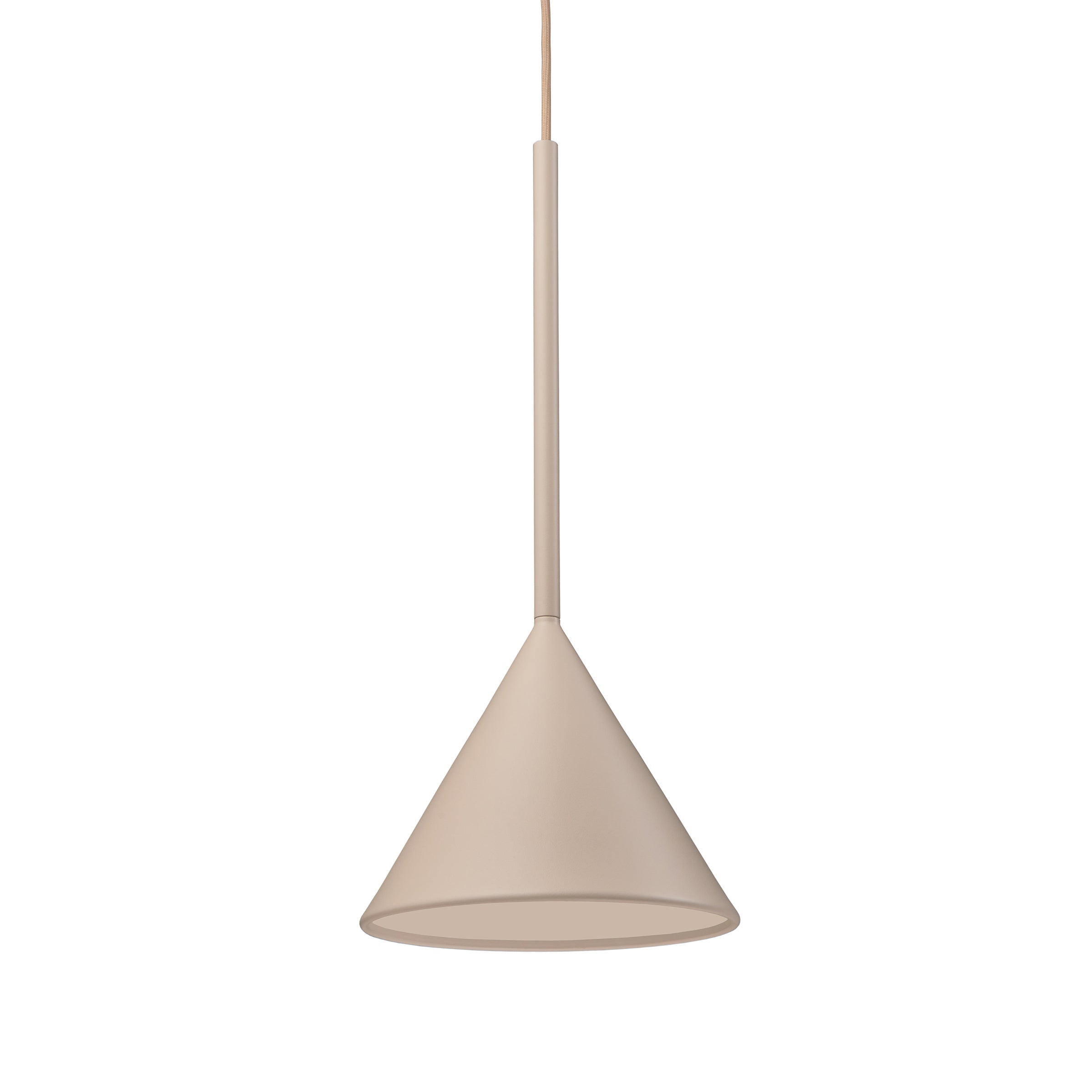 The Schneid Figura Cone Desert Sand, a pendant light with a sculptural silhouette and thin cylindrical stem in beige, is suspended against a plain white background.