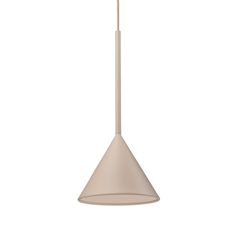 The Schneid Figura Cone Desert Sand, a pendant light with a sculptural silhouette and thin cylindrical stem in beige, is suspended against a plain white background.