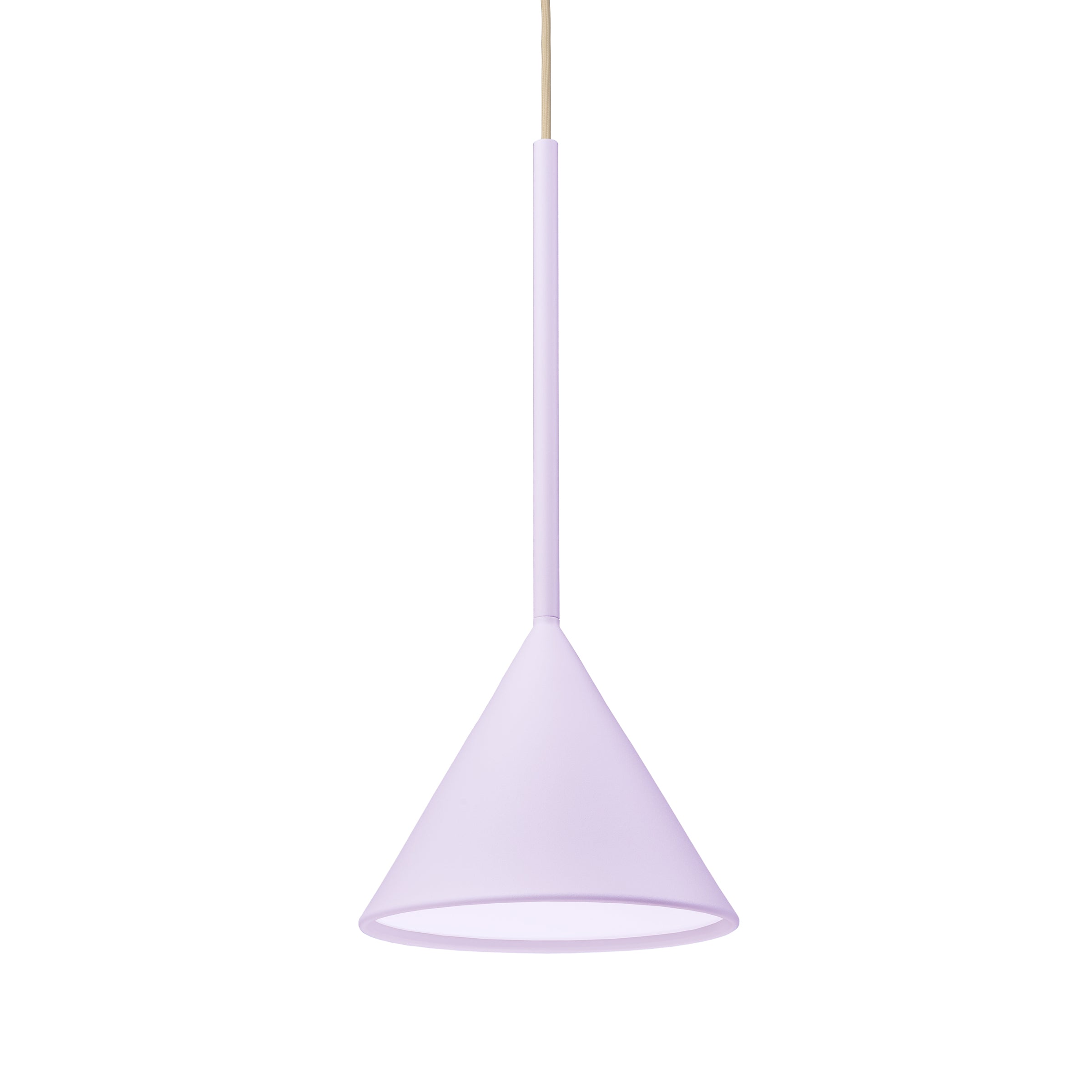 A minimalist Figura Cone Lilac luminaire by Schneid features a cone-shaped pendant light with a lilac shade, suspended from a thin beige cord against a pristine white background.