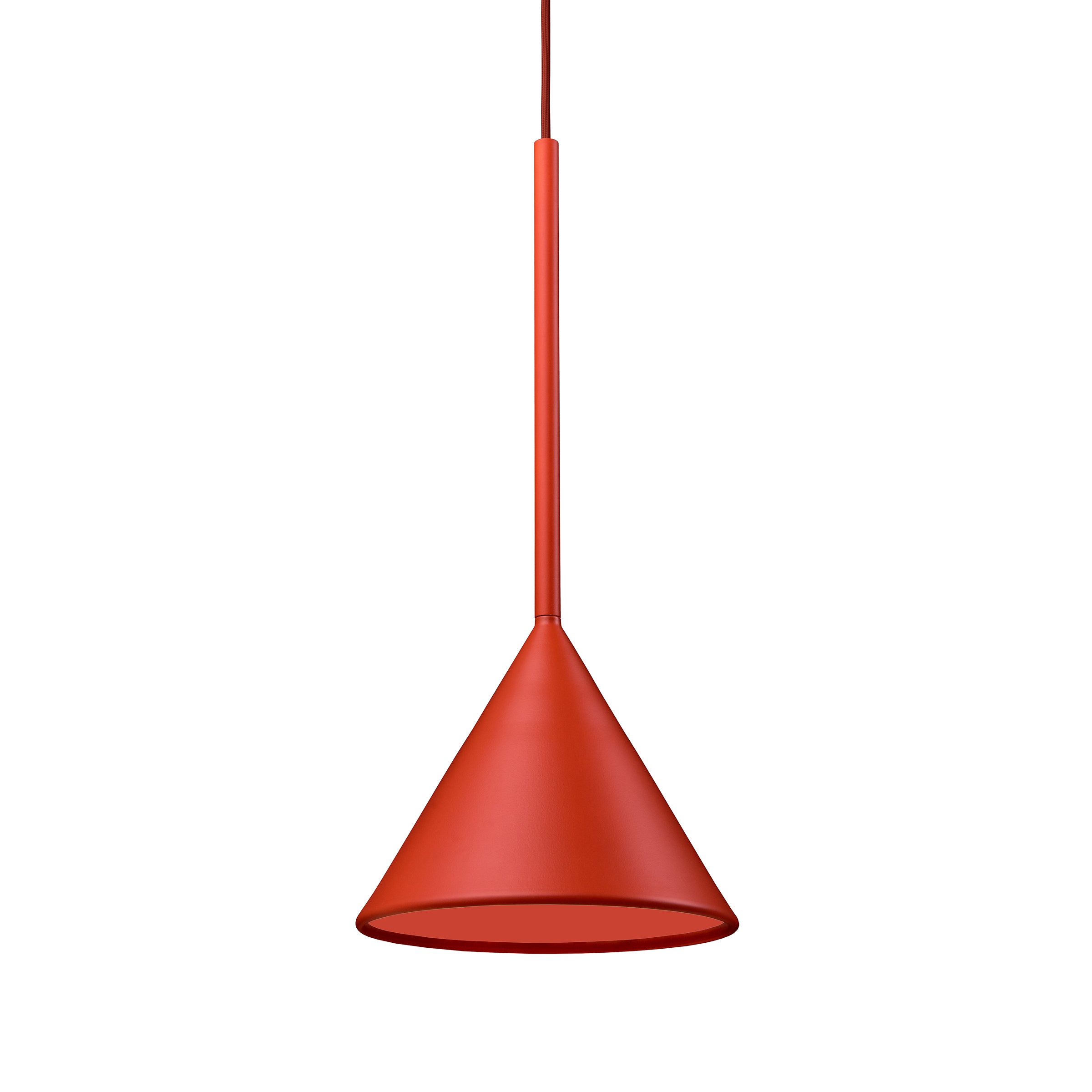 The Figura Cone Burnt Orange by Schneid features a cone-shaped luminaire with a thin vertical rod, combining a sculptural design with burnt orange color against a white background.