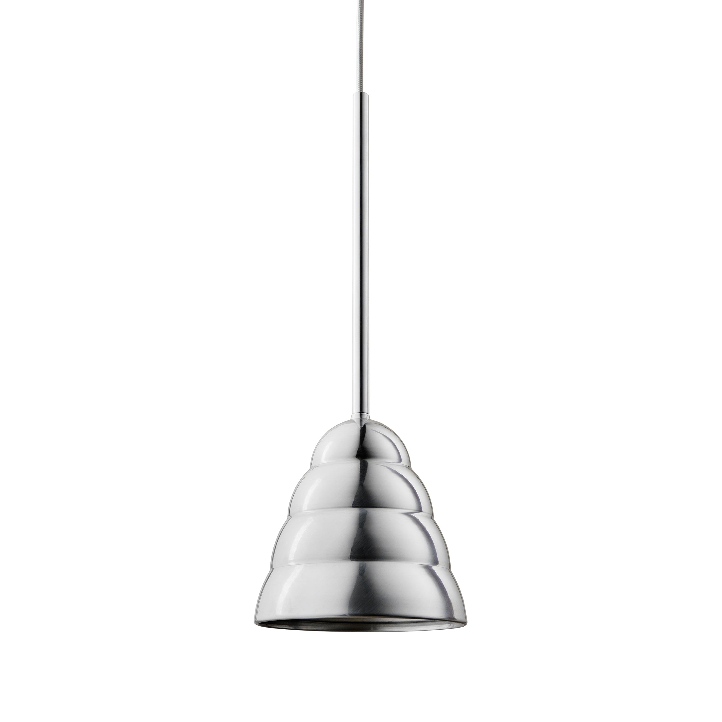 The Figura Stream Chrome by Schneid is a sleek luminaire featuring a shiny, stepped design and a silver conical body suspended from a thin rod, blending minimalist style with contemporary charm and subtle industrial aesthetics.
