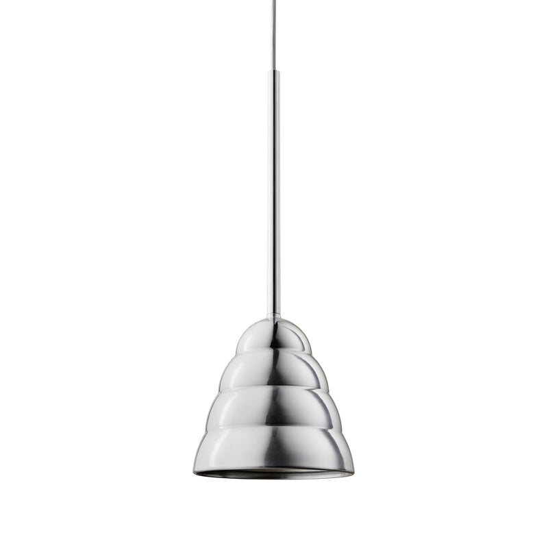 The Figura Stream Chrome by Schneid is a sleek luminaire featuring a shiny, stepped design and a silver conical body suspended from a thin rod, blending minimalist style with contemporary charm and subtle industrial aesthetics.