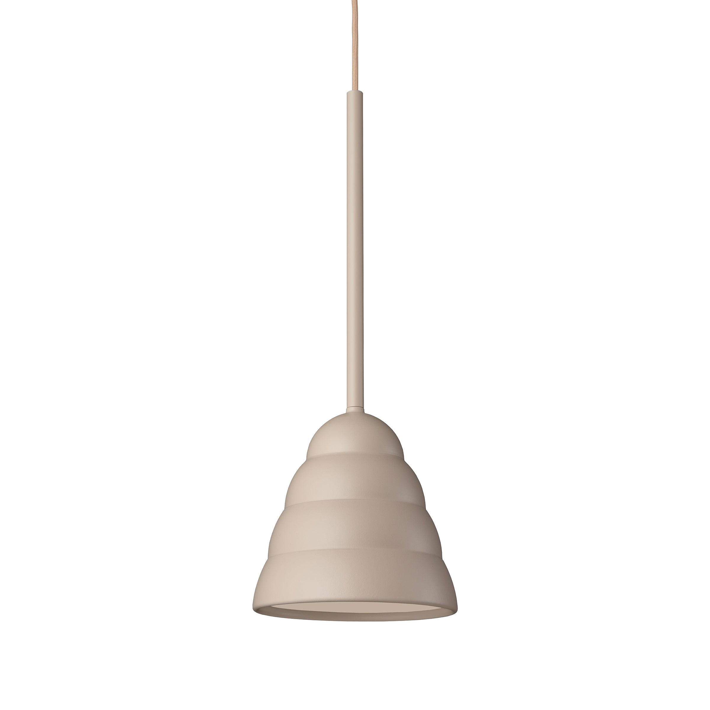 The Schneid Figura Stream Desert Sand is a minimalist luminaire with a smooth, beige, tiered-plaster shade resembling a beehive shape, suspended from a slender cord.