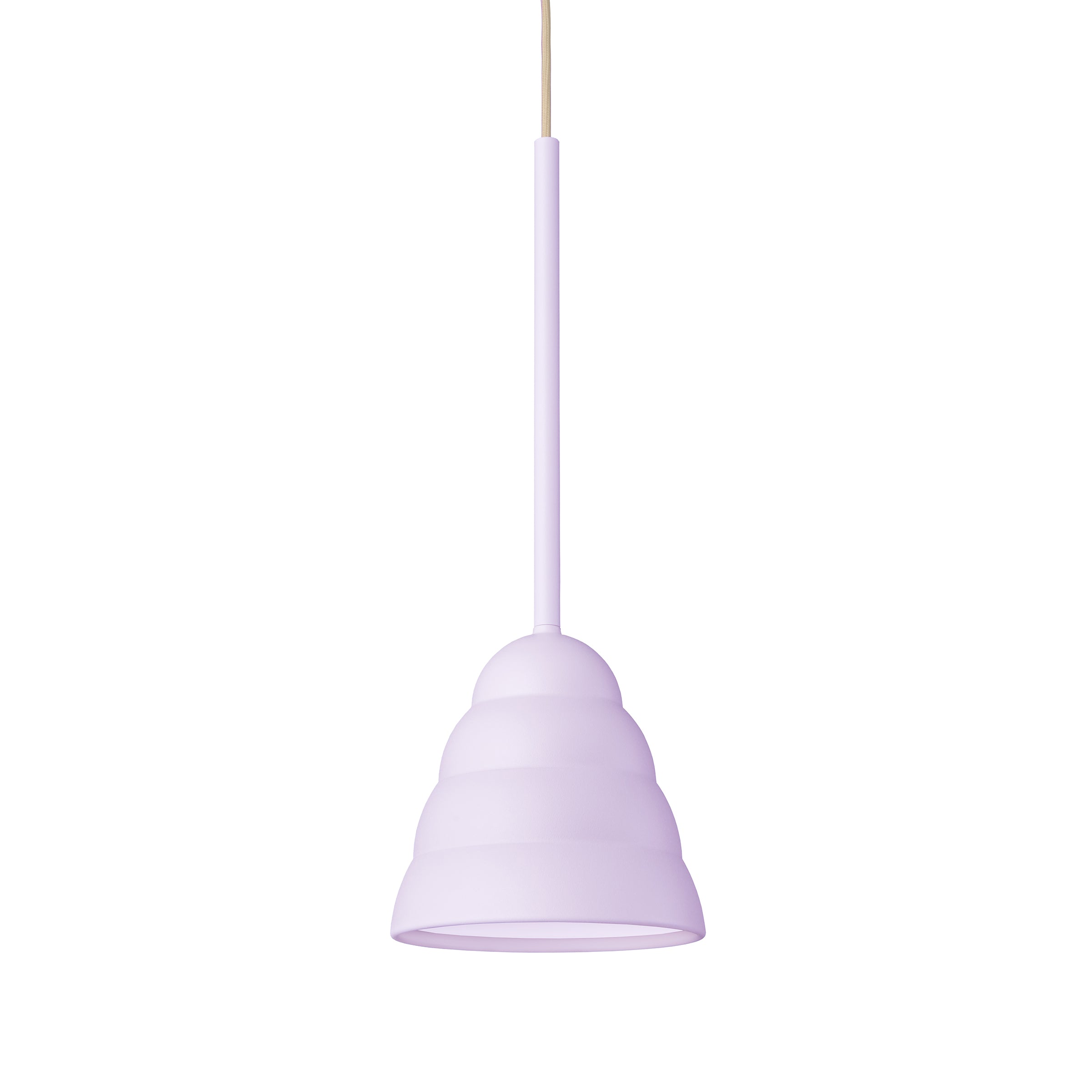 The Schneid Figura Stream Lilac is a minimalist pendant light featuring a bee-skep-shaped lavender shade. It hangs from a single thin cord and boasts a smooth, modern finish.