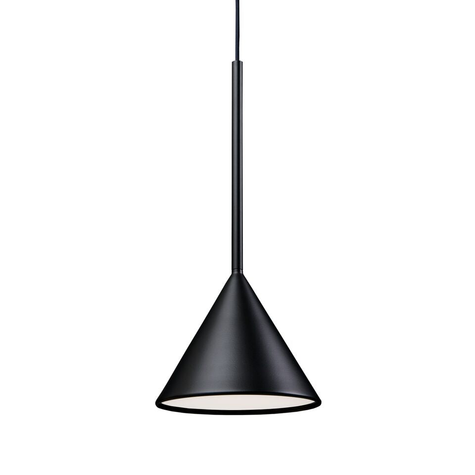 The Figura Cone by Schneid is a sleek, black pendant lamp with a cone-shaped shade hanging from a thin cord. Its smooth matte finish embodies minimalist design, complementing the industrial luminaires aesthetic while the open shade directs light downward.