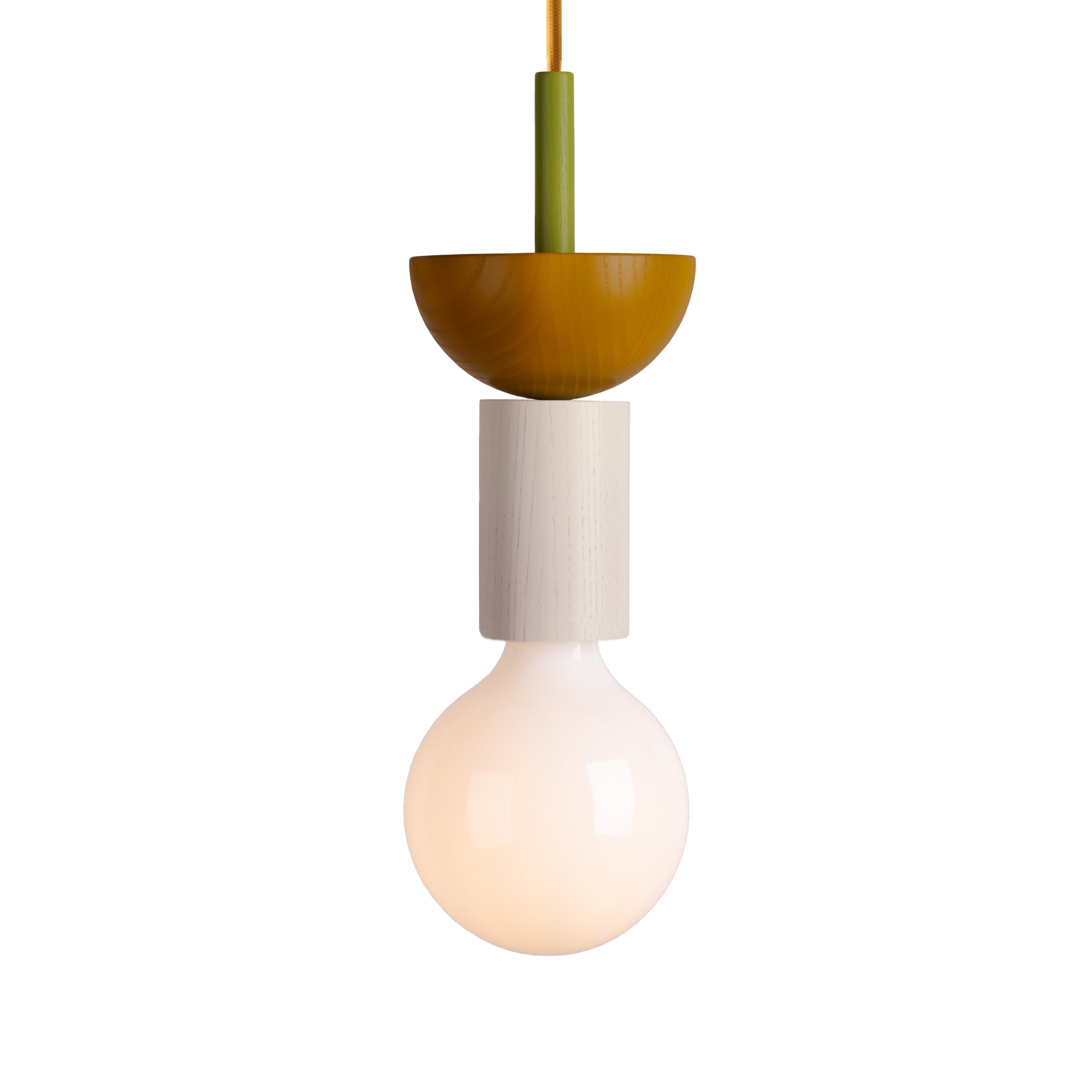 Discover the Junit Dia by Schneid: a modern pendant lamp with a spherical bulb, white cylindrical socket, yellow-brown half-sphere accent, green stem, and orange cord. This minimalistic and contemporary design is perfect for any stylish space.
