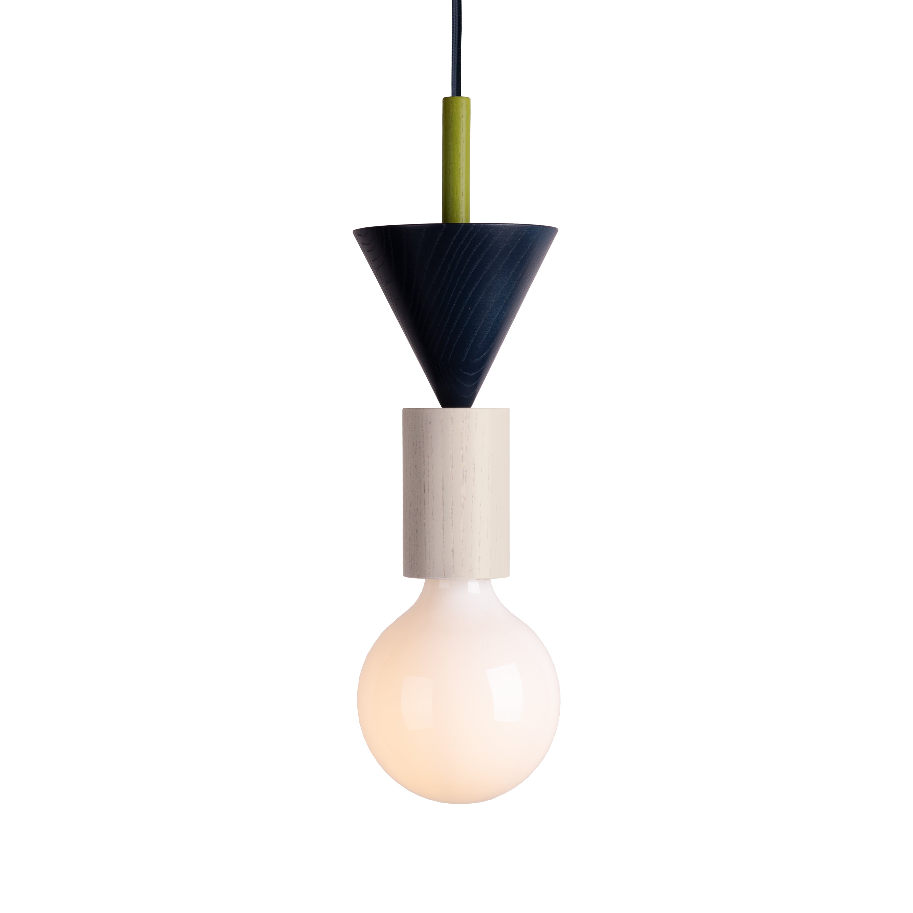 Presenting the Junit Omen by Schneid: a stylish pendant lamp featuring a spherical white bulb, beige cylindrical socket, and ash wood cone top. It elegantly hangs from a black cord with green accents, providing modular functionality and timeless style for any room.